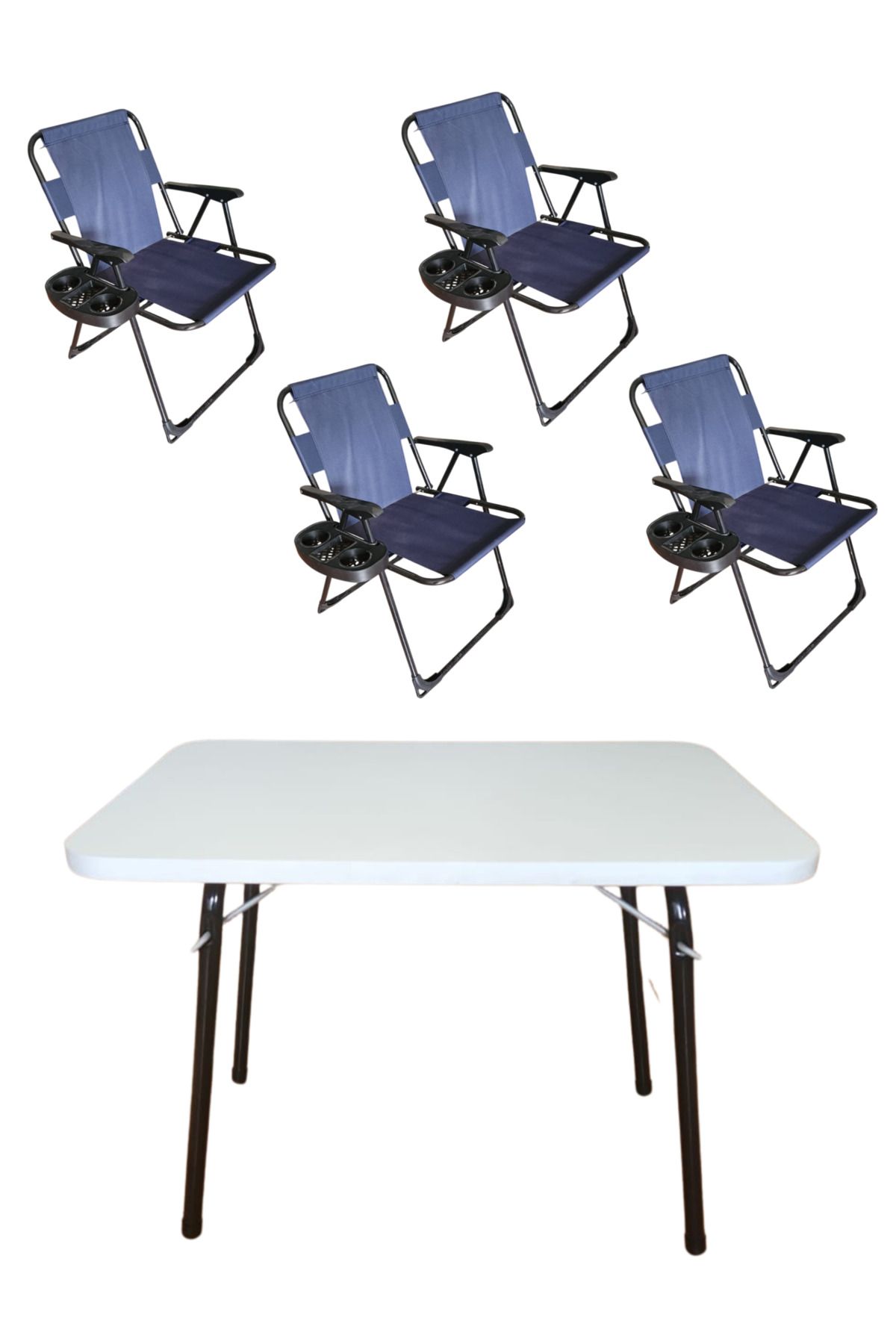 bodygym 4 Adet Lüks Plastik Kollu Bardaklıklı Kamp Sandalyesi Ve 1 Adet 60x45 Cm Katlanır Beyaz Masa