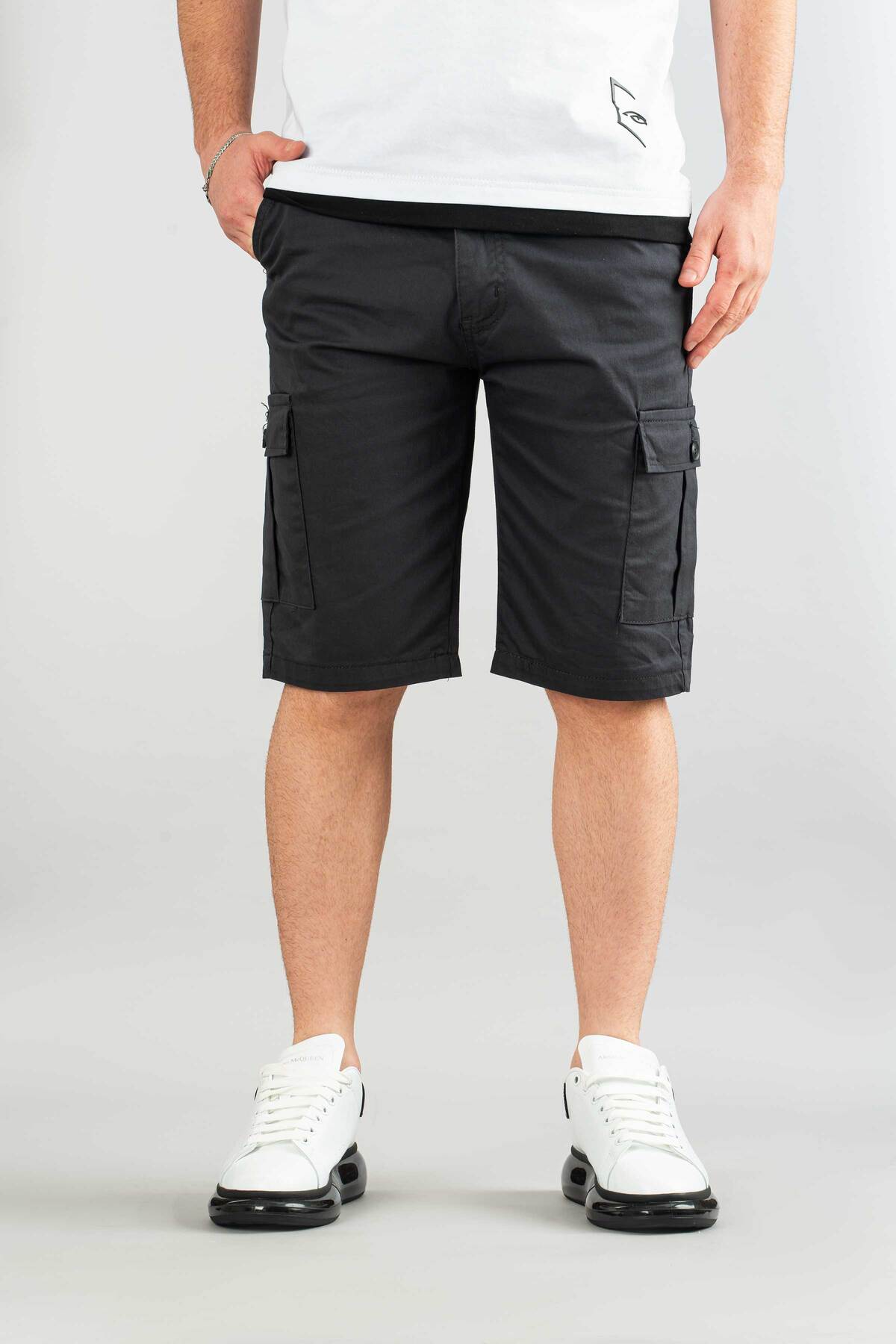 bombe  Erkek Füme Basic Gabardin Bermuda Kanvas Likralı Kargo Cepli Şort - Görsel 2