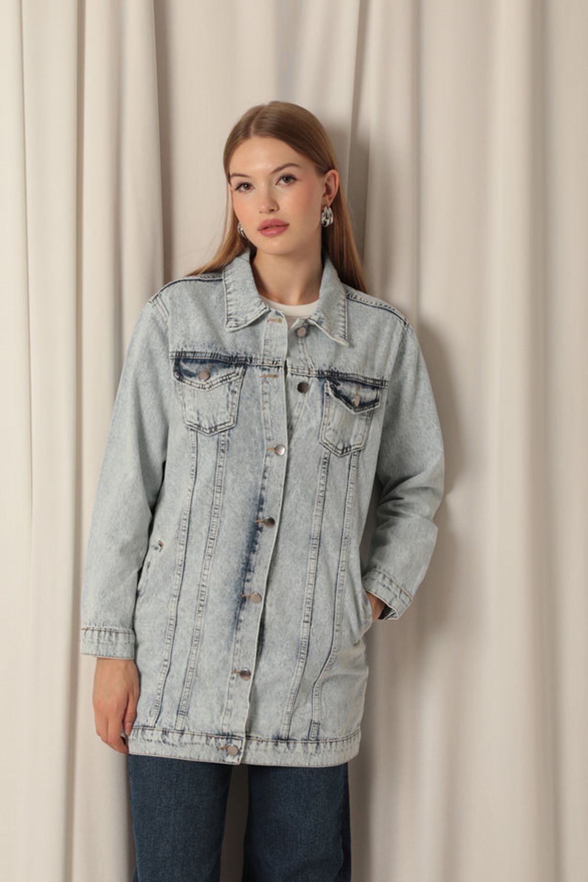 viking's line Kadın Oversize Kot Ceket Rahat Kalıp Jeans