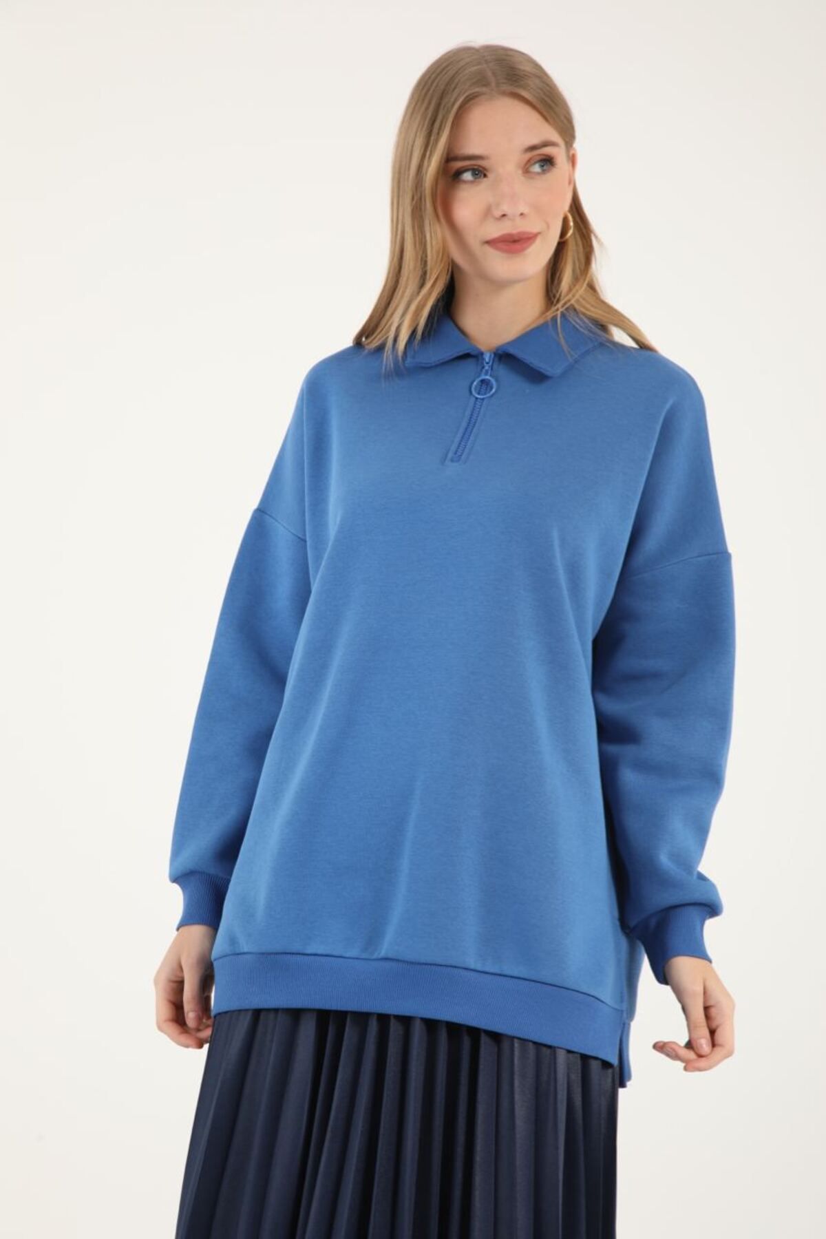 Suede Style 5409 - 3 İplik Rahat Önü Fermuarlı Kadın Uzun Sweatshirt
