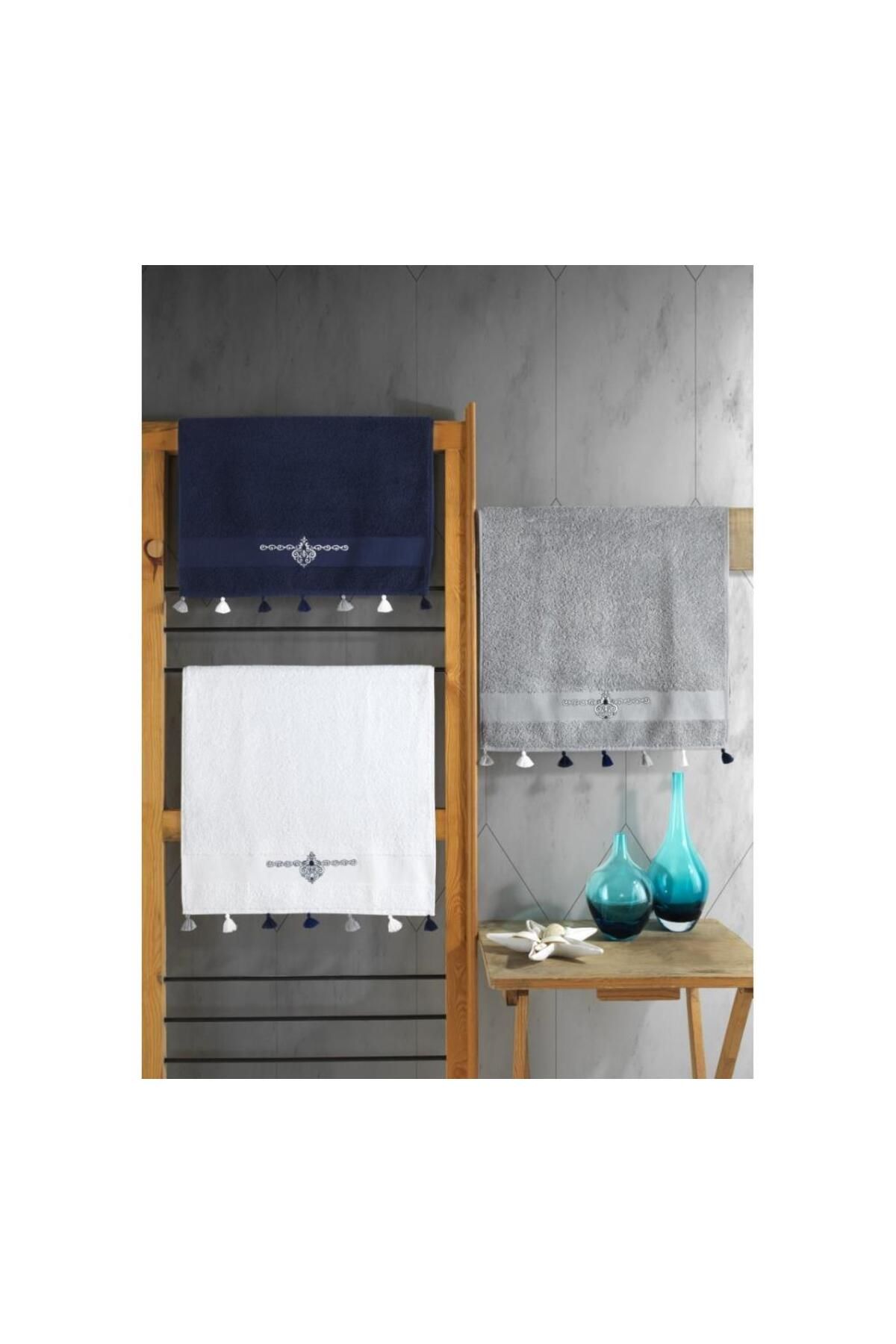 melfxxl eticaret Fit V2 50x90 3'lü Havlu Seti Lacivert/Beyaz/Gri