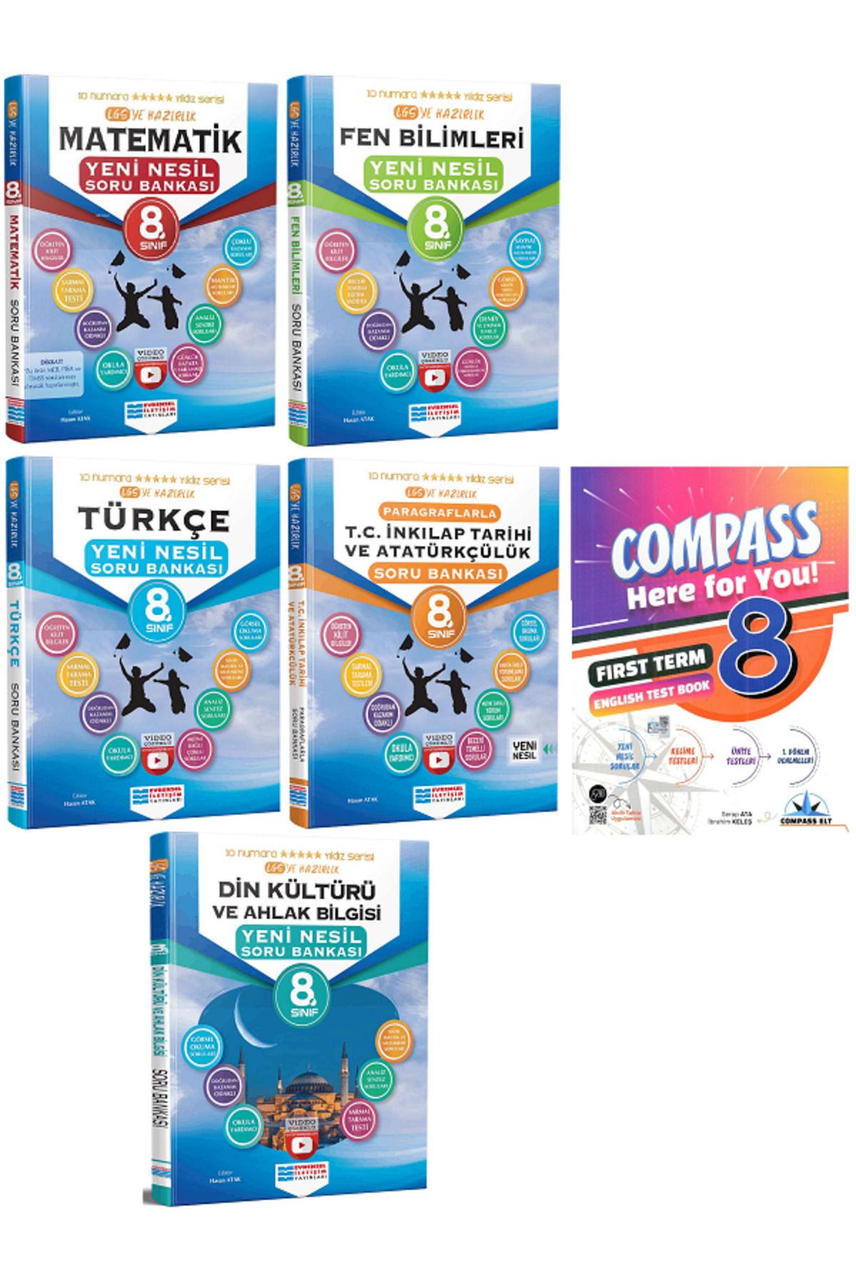 Evrensel İletişim Yayınları 8.Sınıf Evrensel Matematik + Türkçe Soru Bankası + COMPAS İngilizce Test Book HEDİYELİ - 6 KİTAP SET