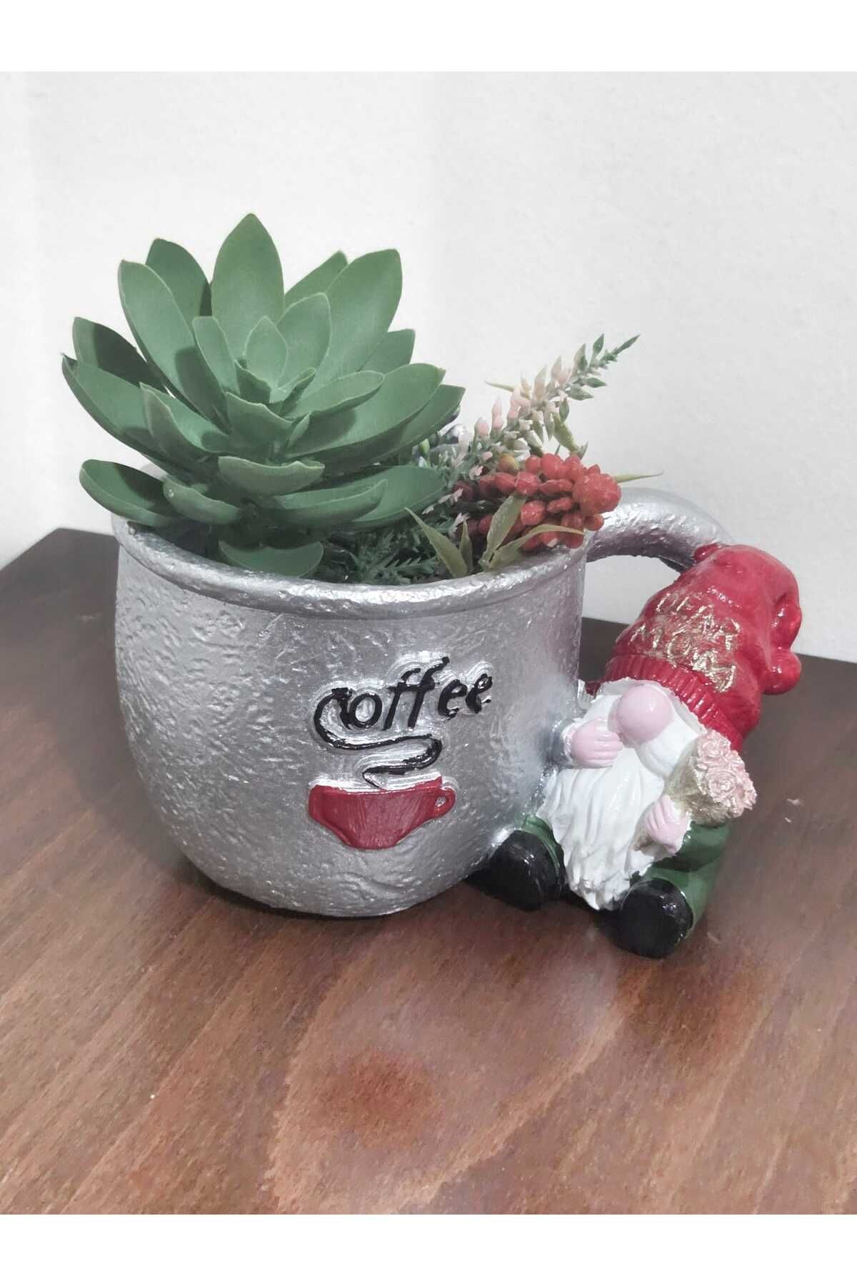 Merland Cüce Objeli Fincan Modeli Sukulent Saksı,Coffee Yazılı ve Cüce Objeli Fincan Sukulent Saksı.