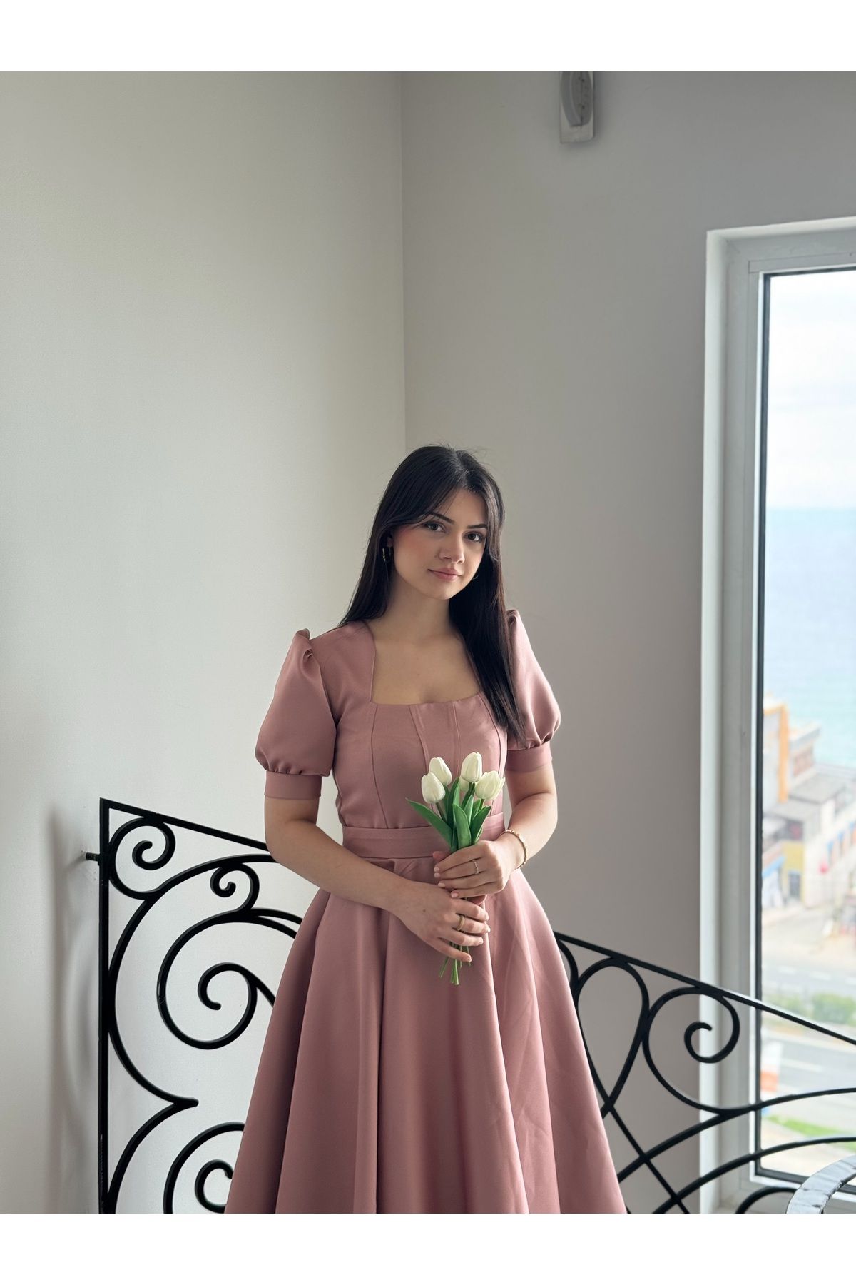 essolaria MİRA Kadın Gül Kurusu Dikiş Detaylı Modern Elbise/Abiye