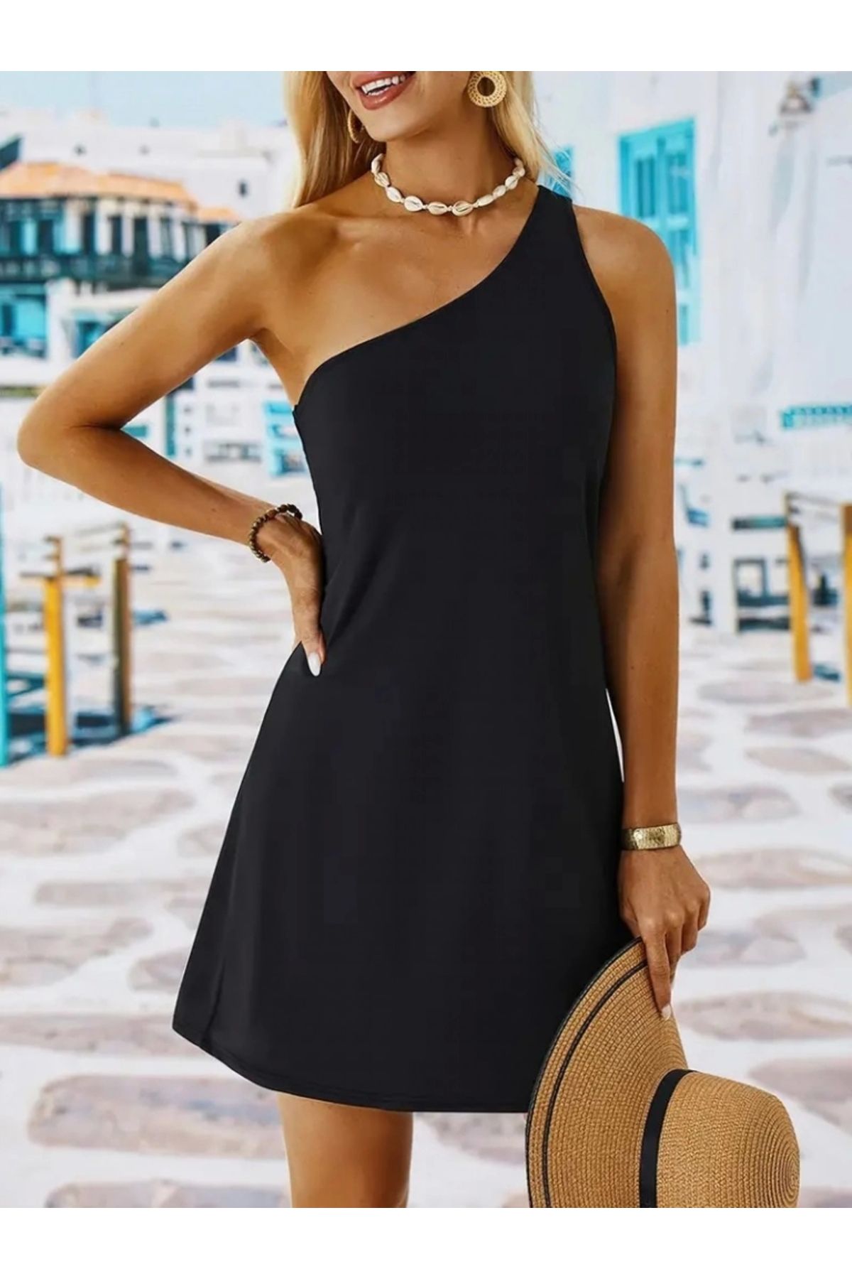 Butik Kadın Tek Omuz Askılı Krep Mini Elbise