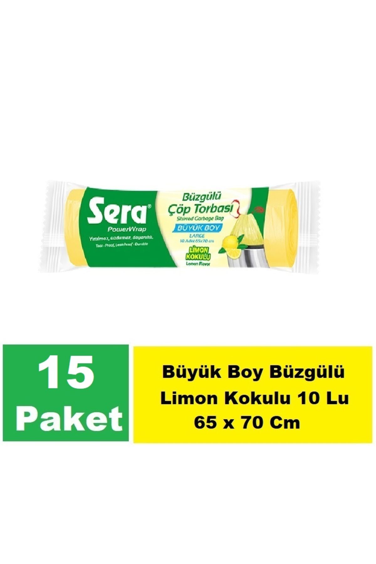 SERA Çöp Torbası Büzgülü Limon Kokulu Büyük Boy 10 Lu 65 x 70 Cm x 15 Paket