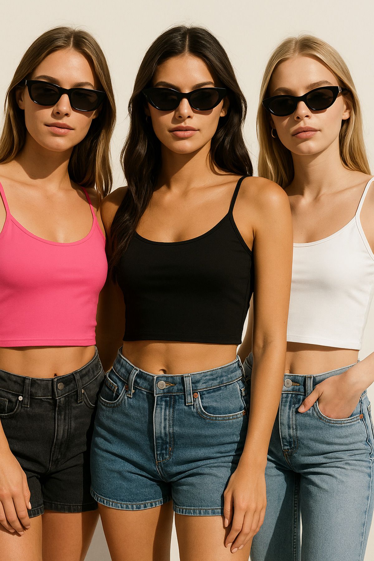 Rich Kadın 3'lü Paket Siyah Beyaz Pembe Kısa Crop İp Askılı Kayık Yaka Krop Bluz Büstiyer
