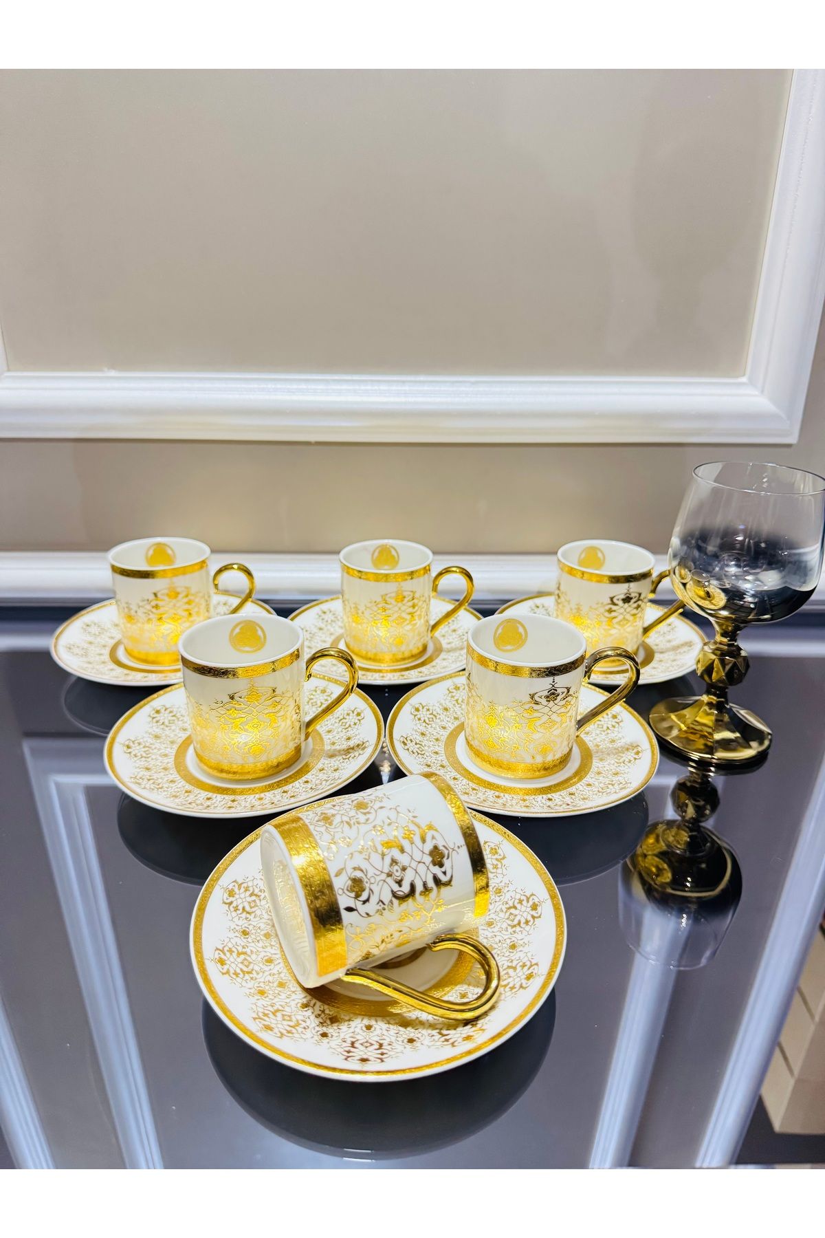 EVRA Bovaria 24K Altın Kabartma Handmade 6 Kişilik Fincan Takımı m3