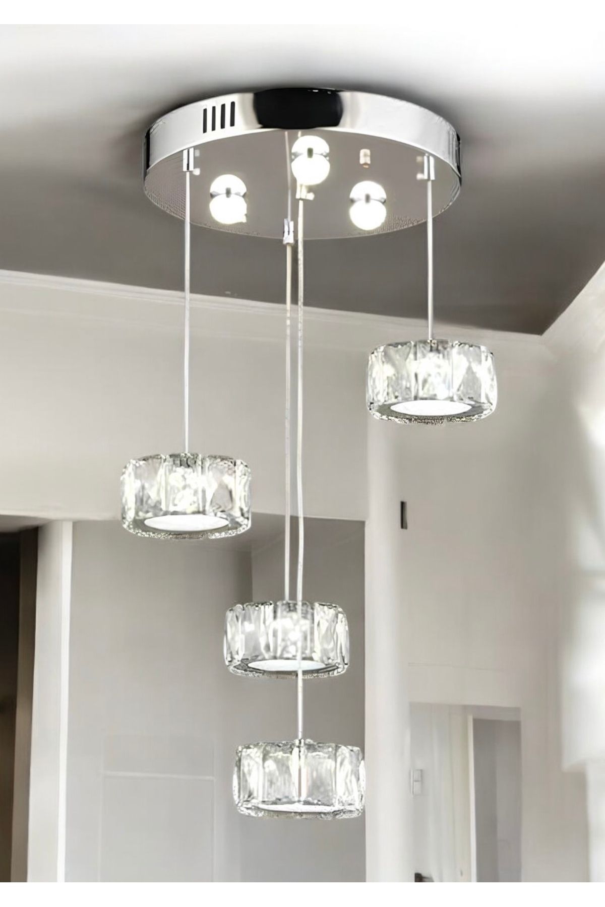 burenze Modern Luxury Kristal Taşlı Led 4’lü Sarkıt Avize Crystal Lux 3 Renk Kumandalı Krom Gümüş Gövde