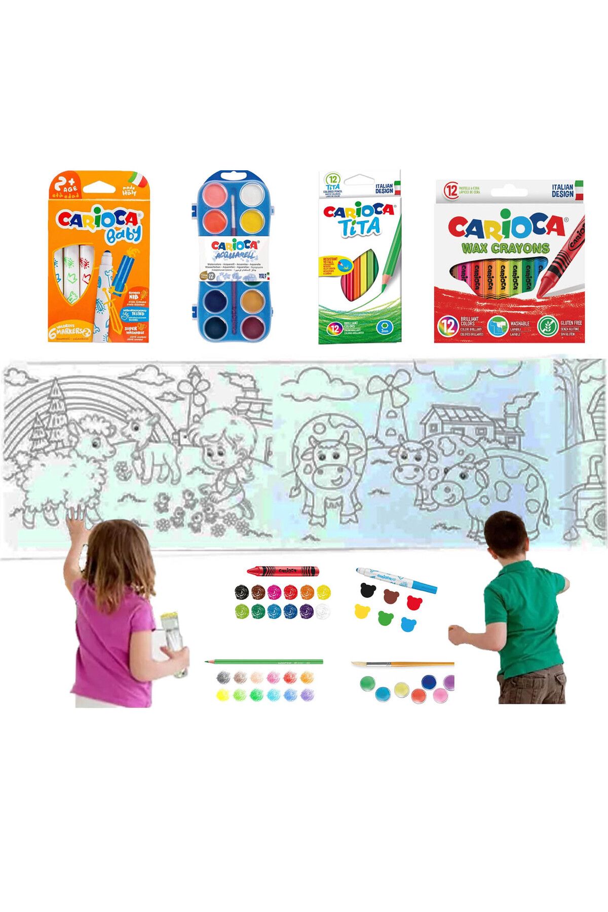 OFİSİNN Carioca 4'lü Boyama Seti + Lino Yapışkanlı Boyama Kağıdı 86x20 cm Farm