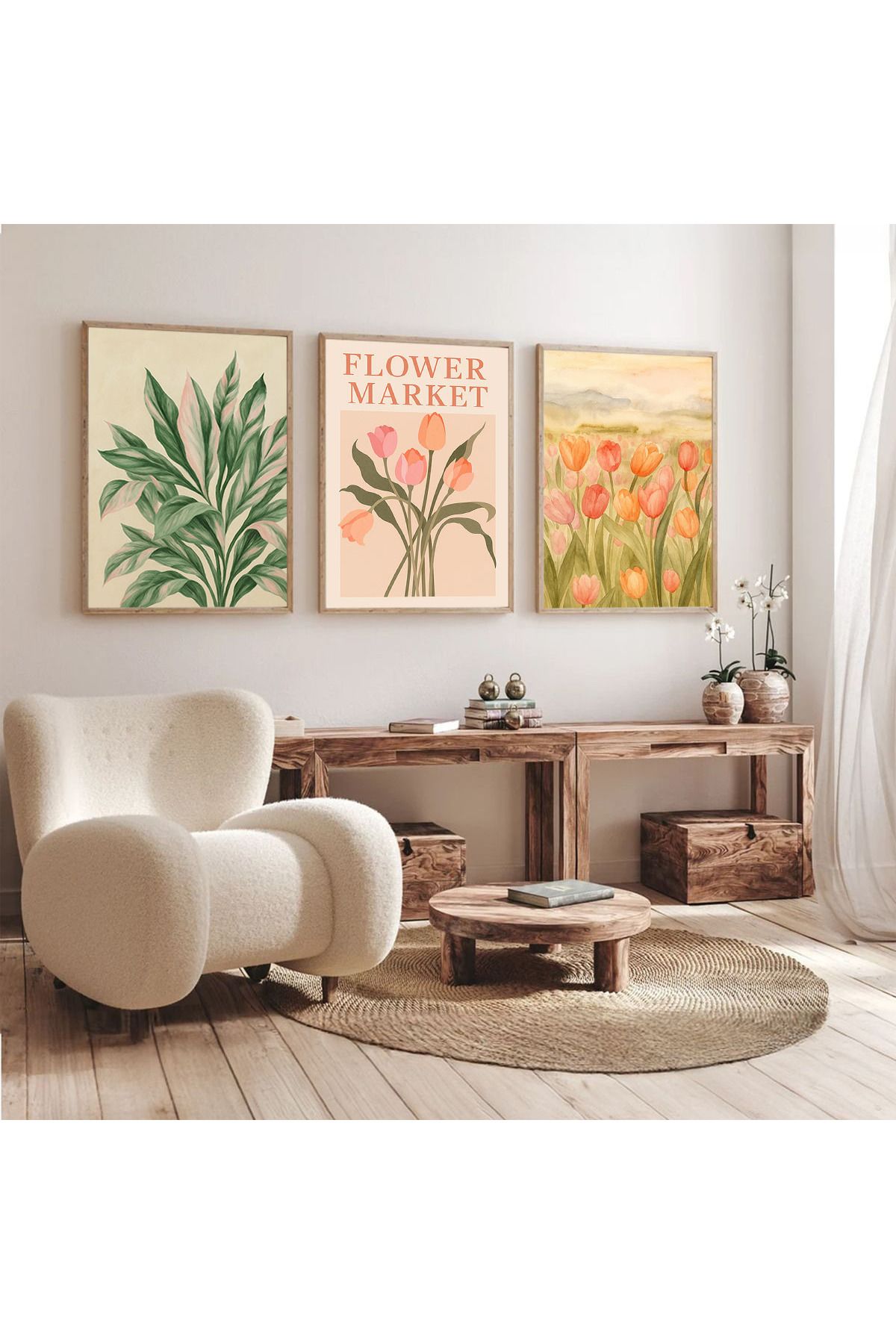 Dekorsiahome 3 Parça Ahşap Çerçeveli Oturma Odası Salon Mutfak Tablo Seti SET3254
