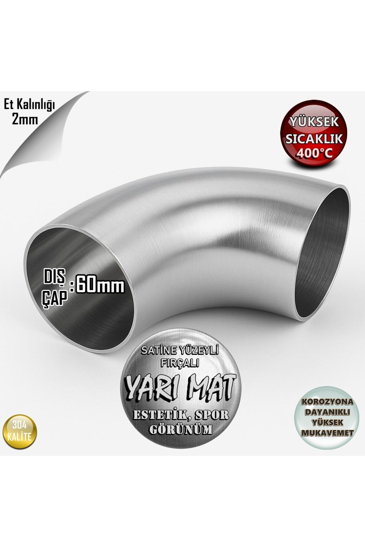 abcpaslanmaz Dirsek Egzoz 60mm Krom Ara Dirsek Kalınlık 2mm Paslanmaz 304 Kalite