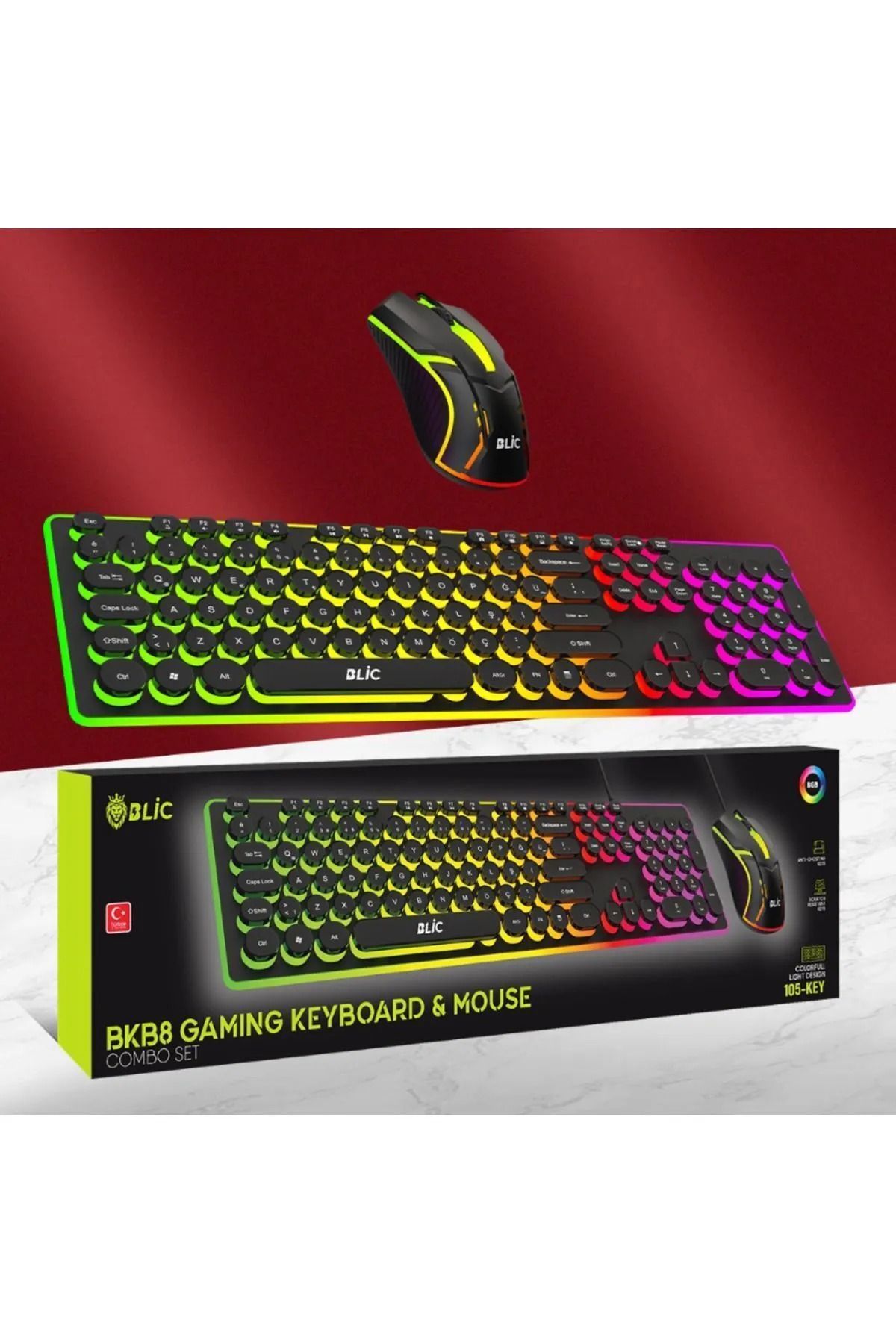 Blic 105 Tuş 2'li Fare ve Klavye Set Kablolu RGB Led Işıklı Oyuncu Klavye & Mouse Seti