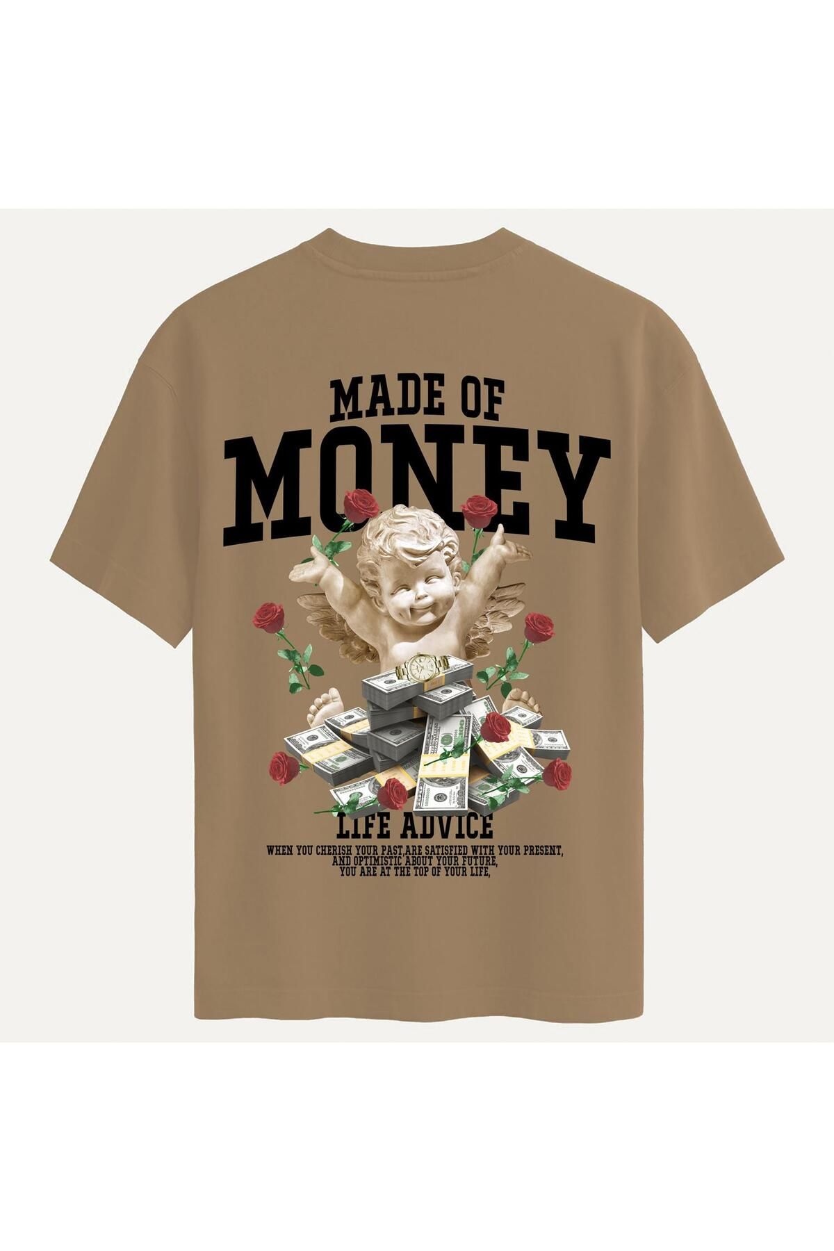 SOFTWAY Unisex Bisiklet Yaka %100 Organik Pamuklu Kalın Dokulu Made Of Money Baskılı Oversize T-shirt - AÇIK