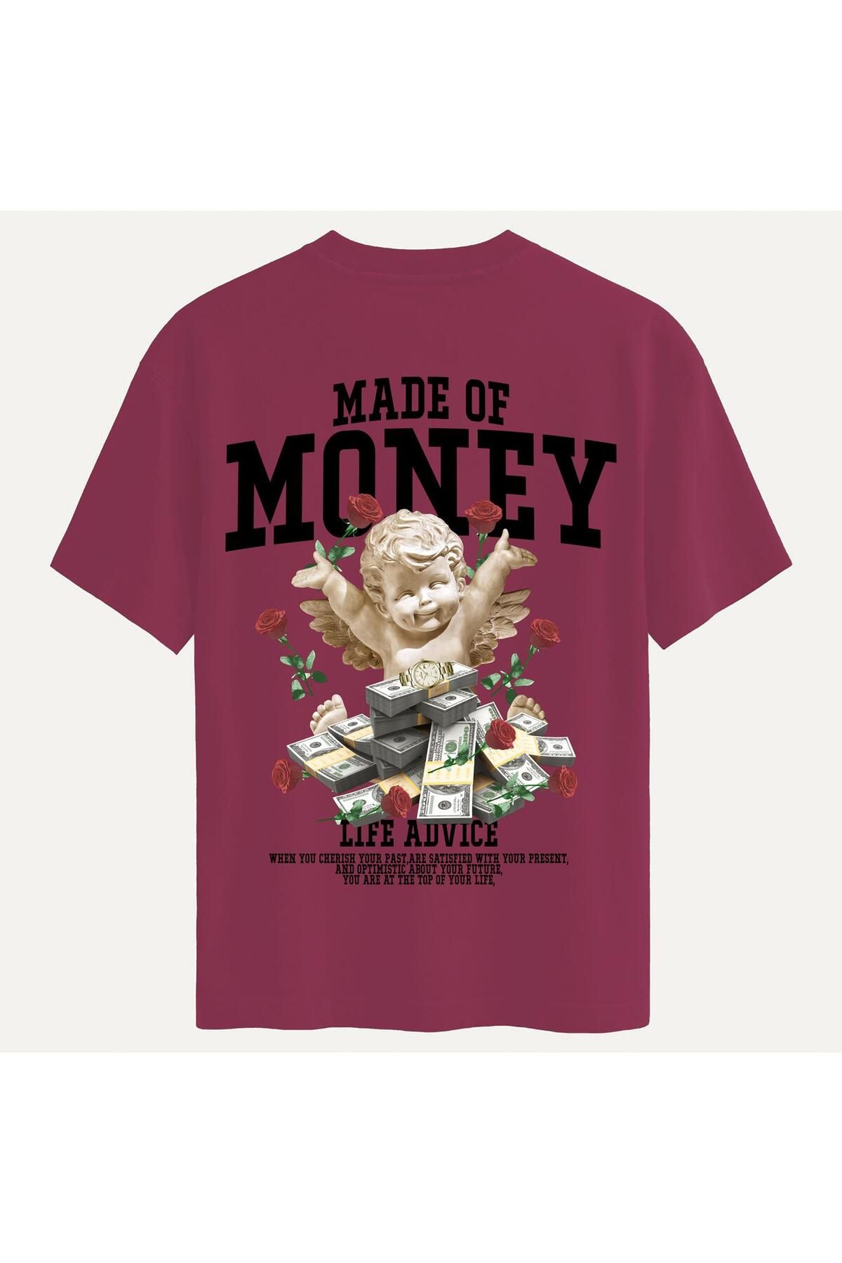 SOFTWAY Unisex Bisiklet Yaka %100 Organik Pamuklu Kalın Dokulu Made Of Money Baskılı Oversize T-shirt - BORD