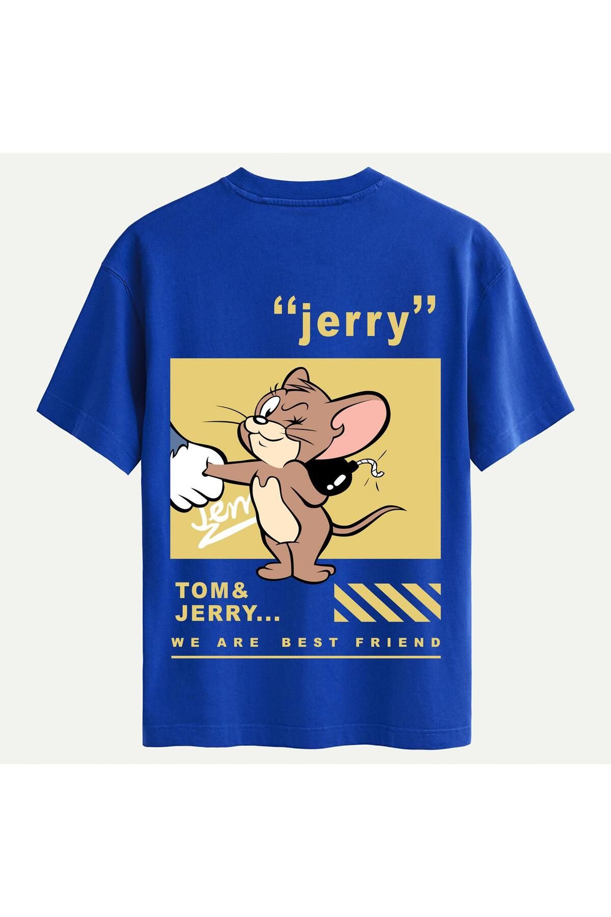 SOFTWAY Unisex Bisiklet Yaka %100 Organik Pamuklu Kalın Dokulu Jerry Baskılı Oversize T-shirt - SAKS MAVİSİ