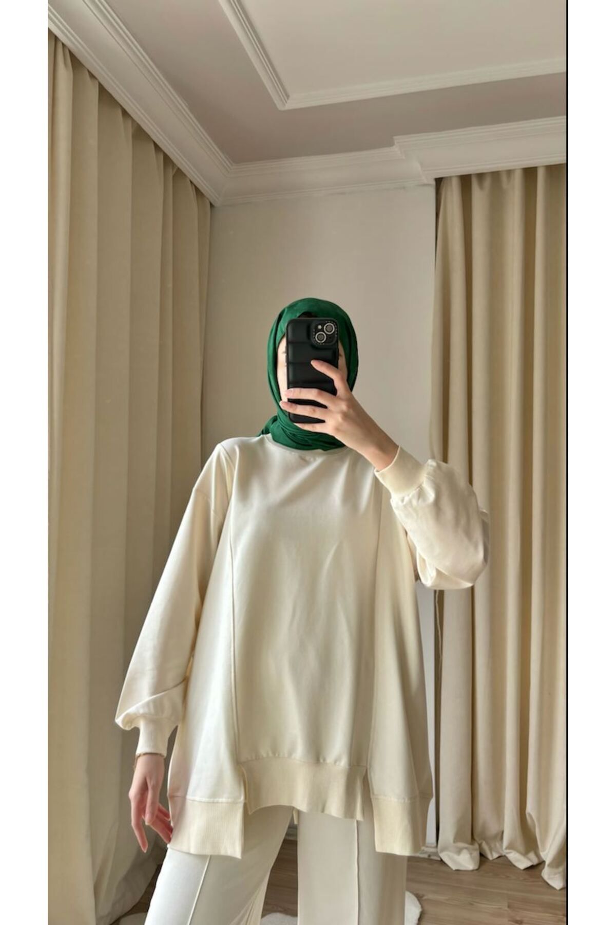 Suede Style 8902- 2 İplik Rahat Arkası Fermuarlı Kadın Uzun Sweatshirt
