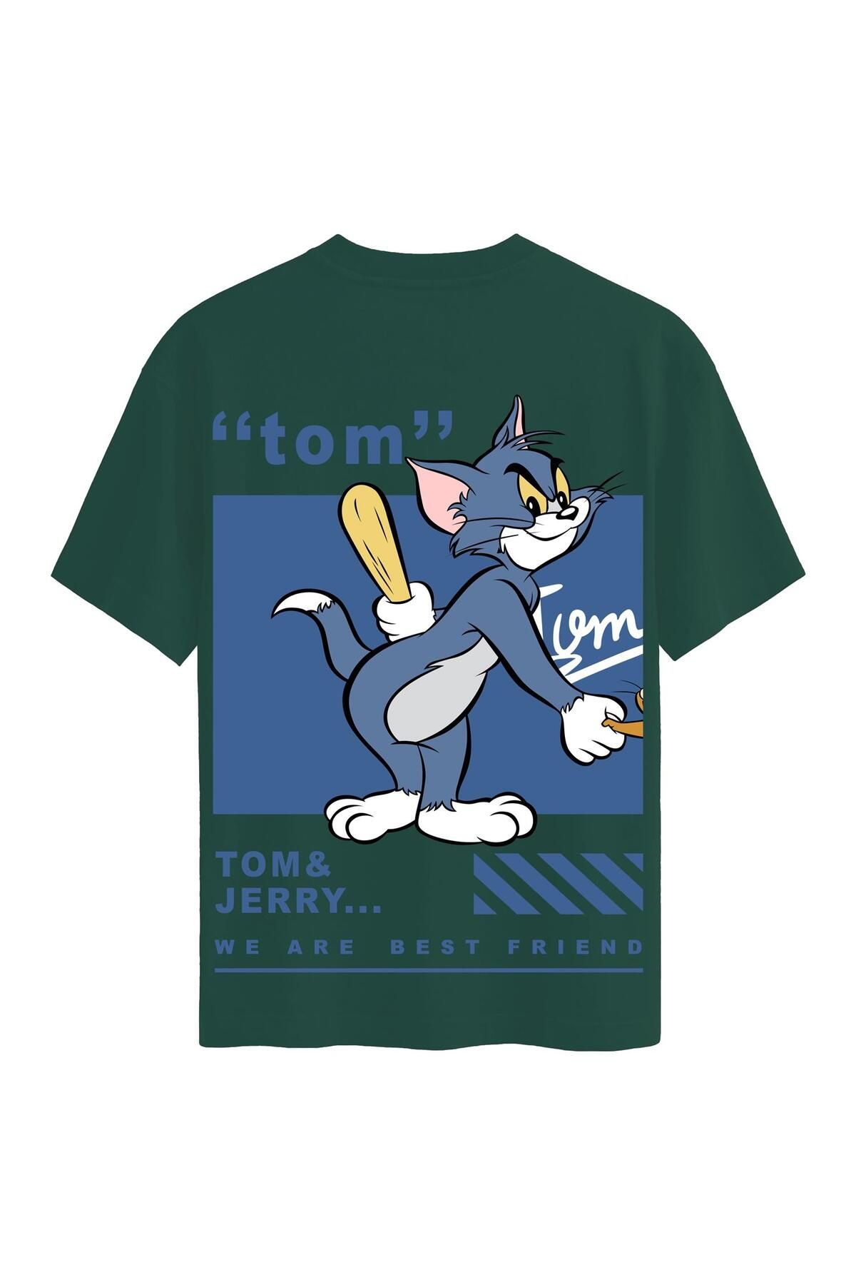 SOFTWAY Unisex Bisiklet Yaka %100 Organik Pamuklu Kalın Dokulu Tom Baskılı Oversize T-shirt - KOYU YEŞİL