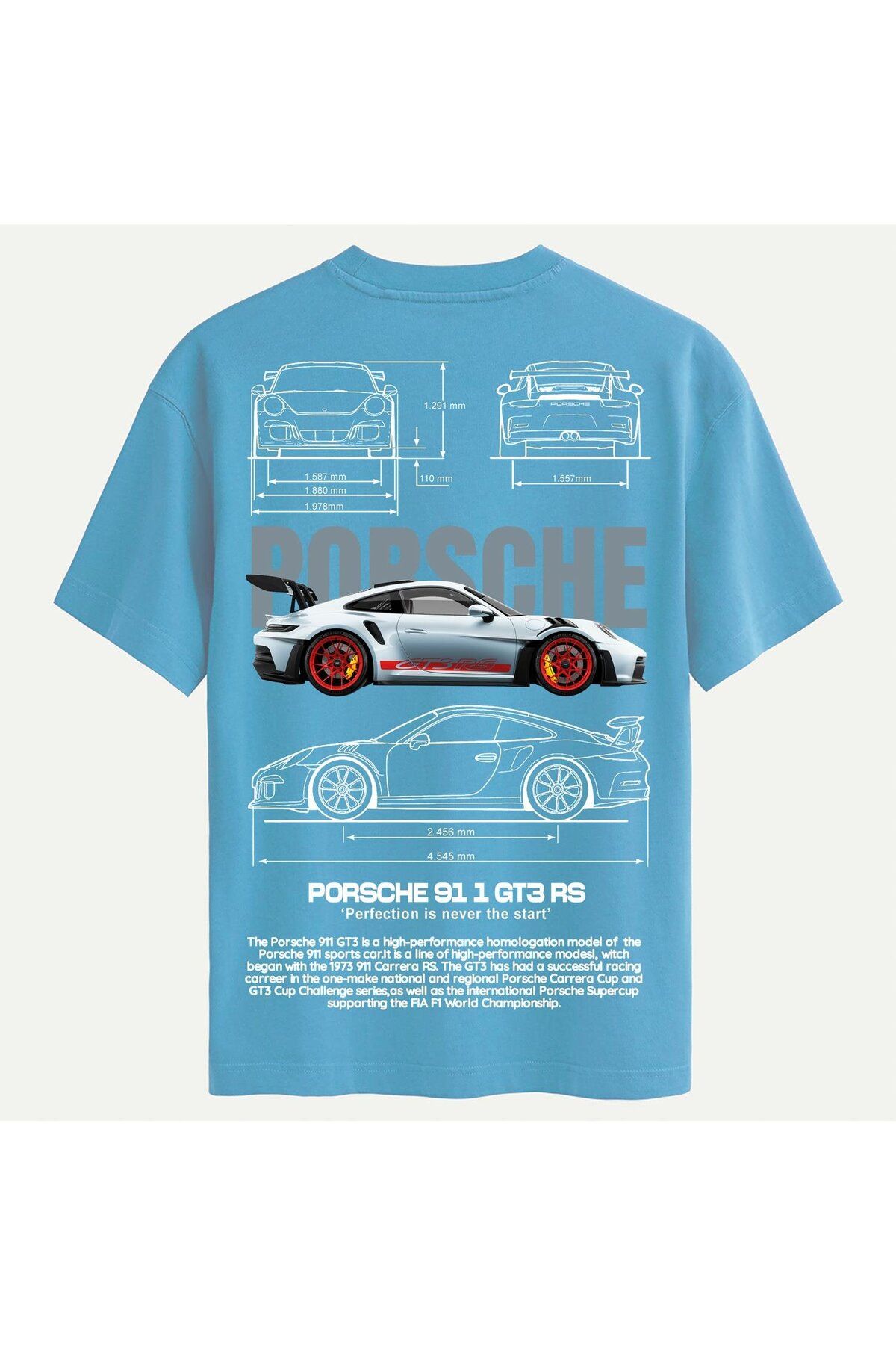 SOFTWAY Unisex Bisiklet Yaka %100 Organik Pamuklu Kalın Dokulu Porsche 911 gt3 rs Baskılı Oversize T-shirt -