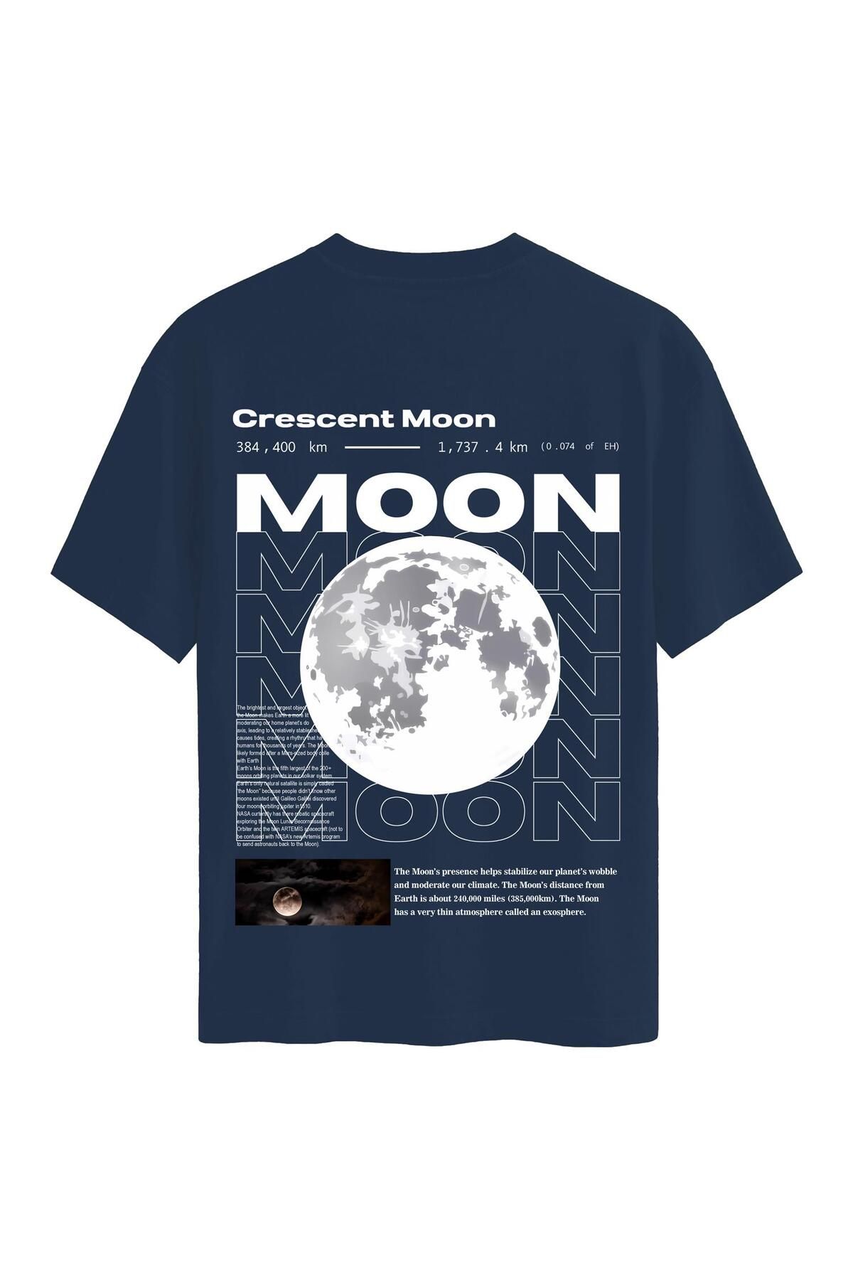 SOFTWAY Unisex Bisiklet Yaka %100 Organik Pamuklu Kalın Dokulu Moon Baskılı Oversize T-shirt - LACİVERT