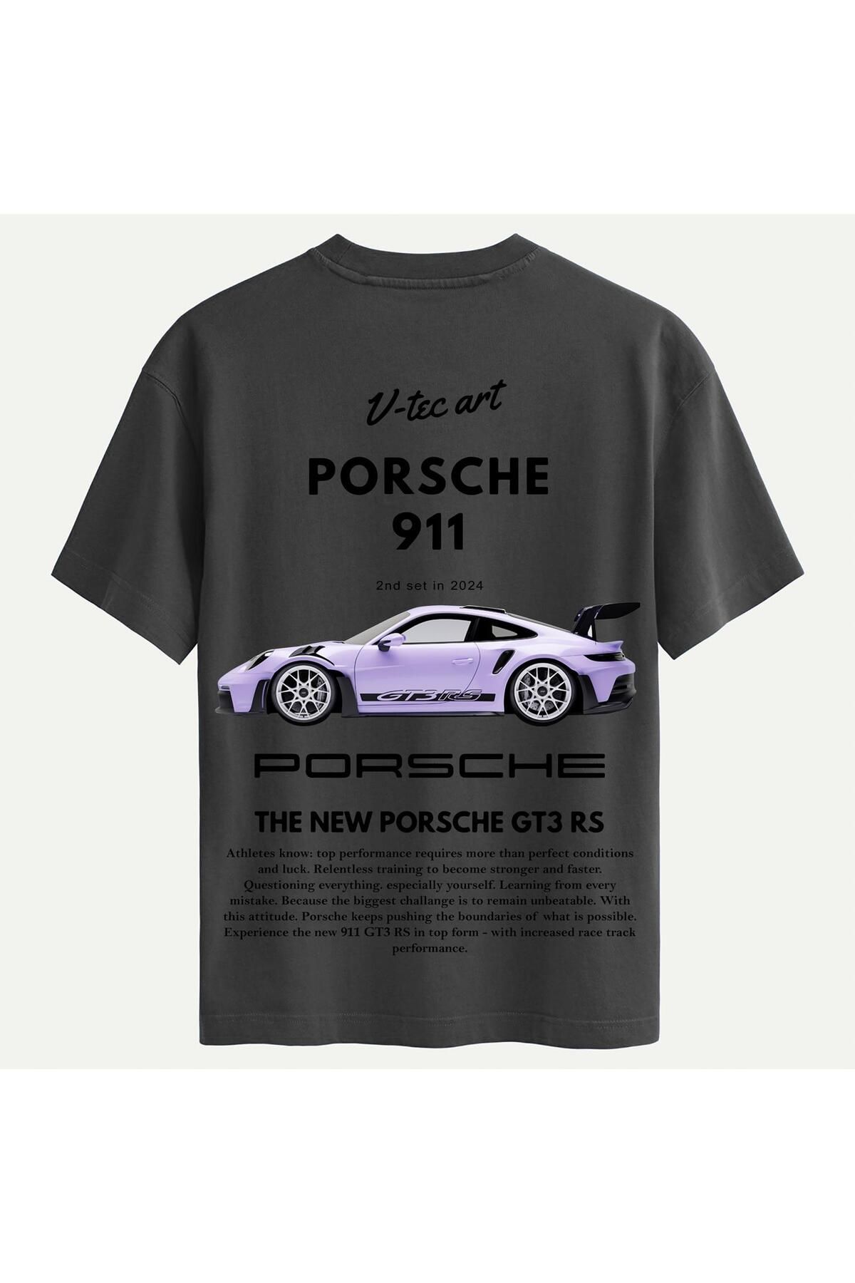 SOFTWAY Unisex Bisiklet Yaka %100 Organik Pamuklu Kalın Dokulu Porsche 911 Baskılı Oversize T-shirt - FÜME