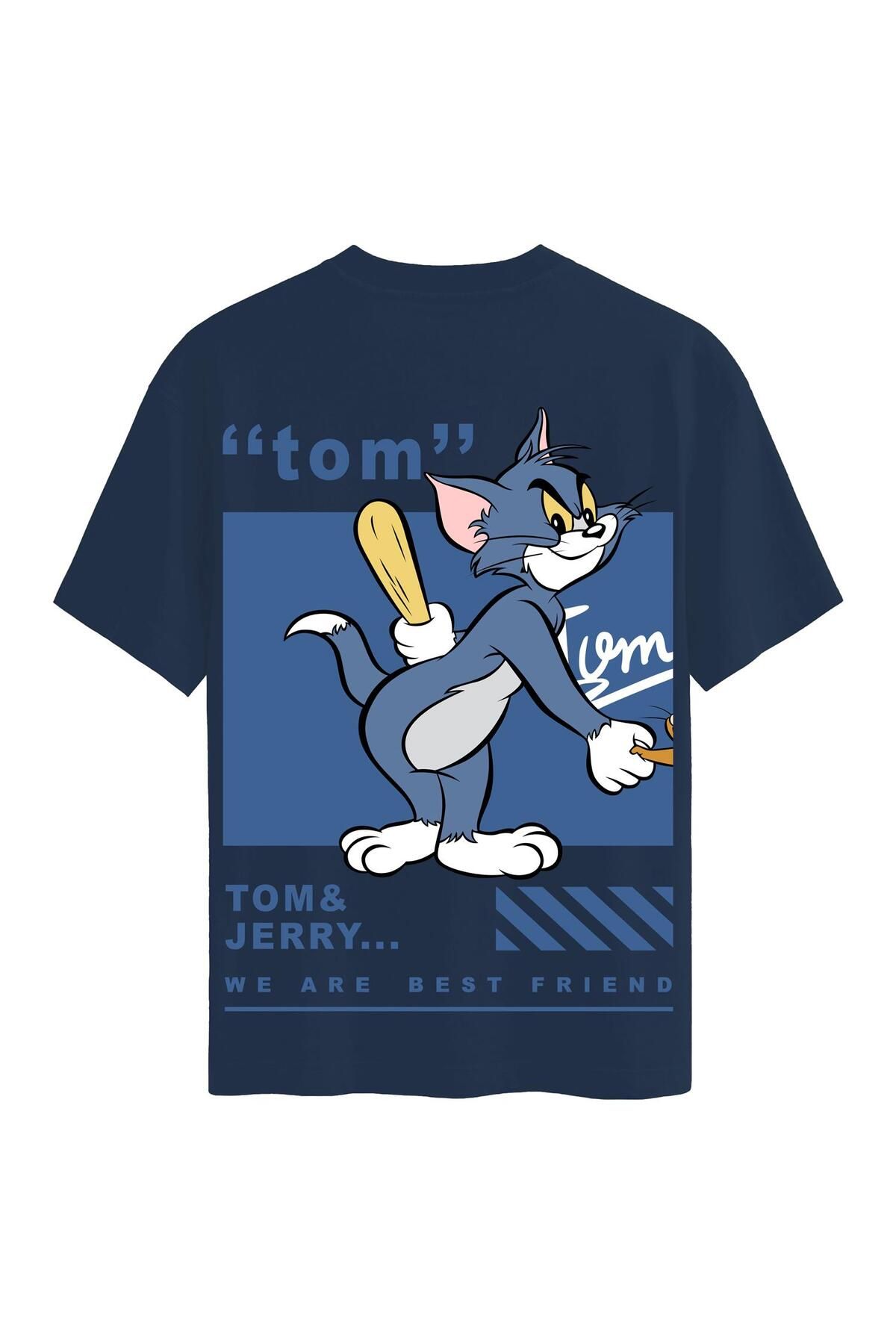 SOFTWAY Unisex Bisiklet Yaka %100 Organik Pamuklu Kalın Dokulu Tom Baskılı Oversize T-shirt - LACİVERT