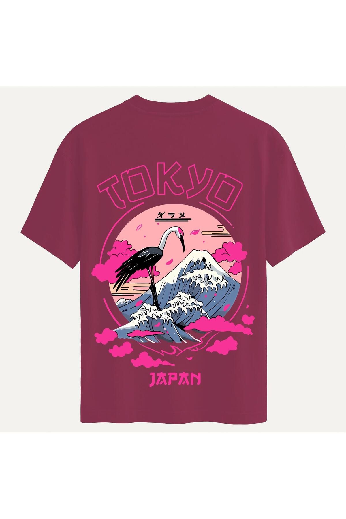 SOFTWAY Unisex Bisiklet Yaka %100 Organik Pamuklu Kalın Dokulu Tokyo Baskılı Oversize T-shirt - BORDO