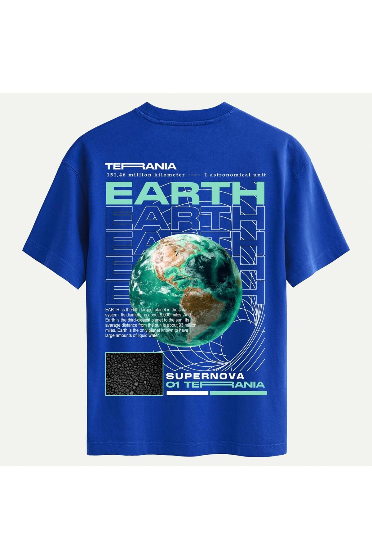 SOFTWAY Unisex Bisiklet Yaka %100 Organik Pamuklu Kalın Dokulu Earth Baskılı Oversize T-shirt - SAKS MAVİSİ