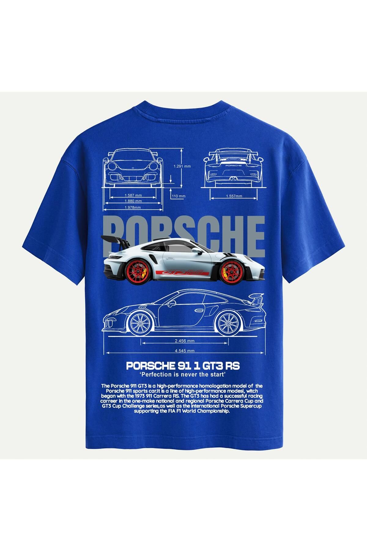 SOFTWAY Unisex Bisiklet Yaka %100 Organik Pamuklu Kalın Dokulu Porsche 911 gt3 rs Baskılı Oversize T-shirt -