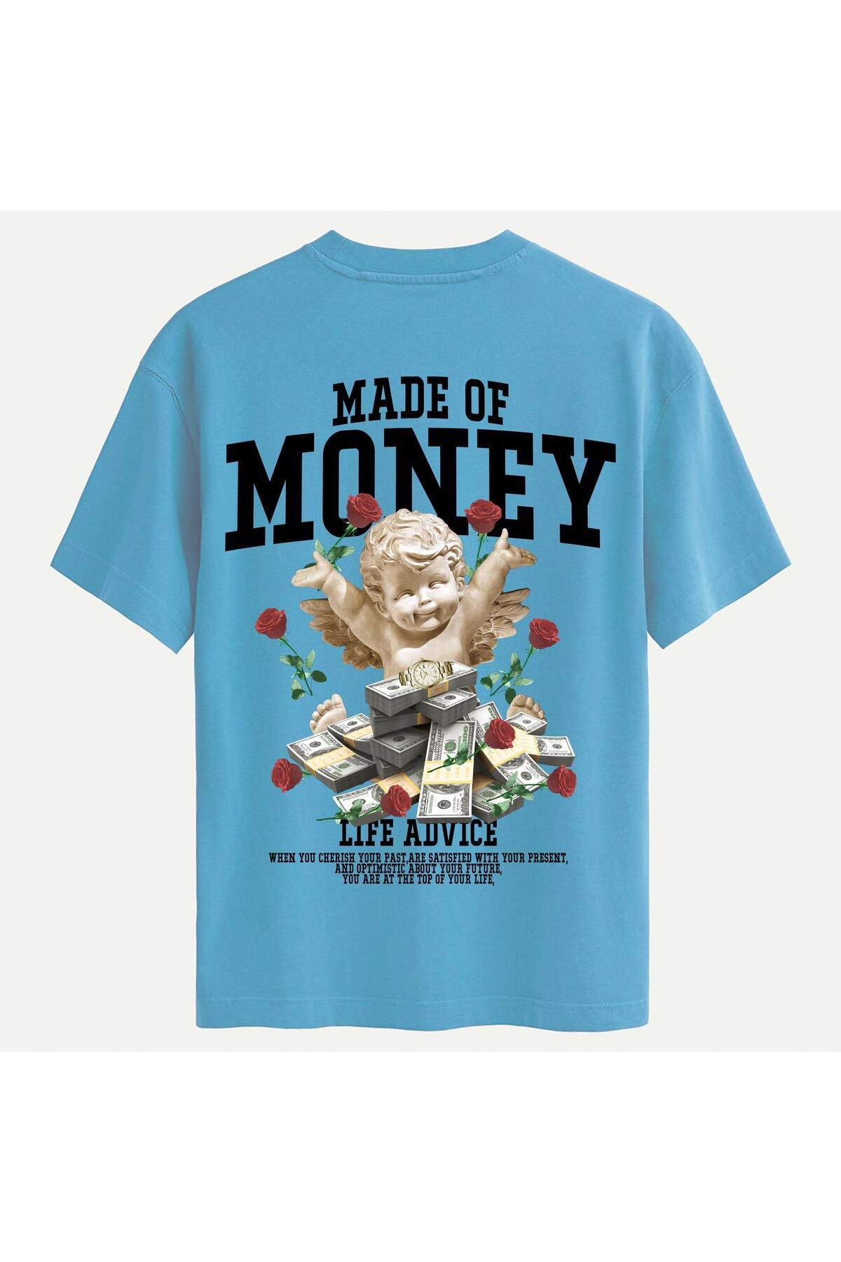 SOFTWAY Unisex Bisiklet Yaka %100 Organik Pamuklu Kalın Dokulu Made Of Money Baskılı Oversize T-shirt - MAVİ