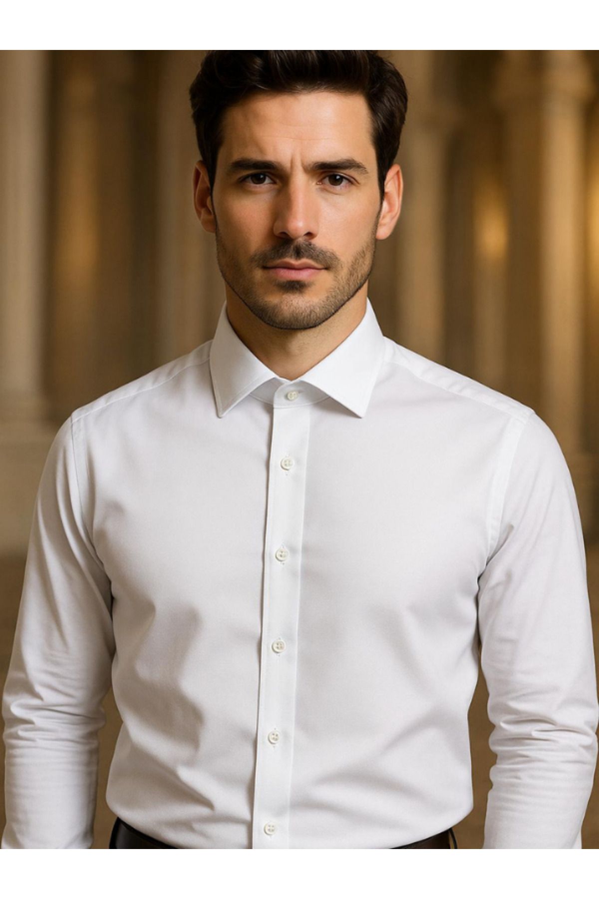 CASSIS Erkek Slim Fit Pamuk Saten Dar Kesim Beyaz Pamuklu Gömlek