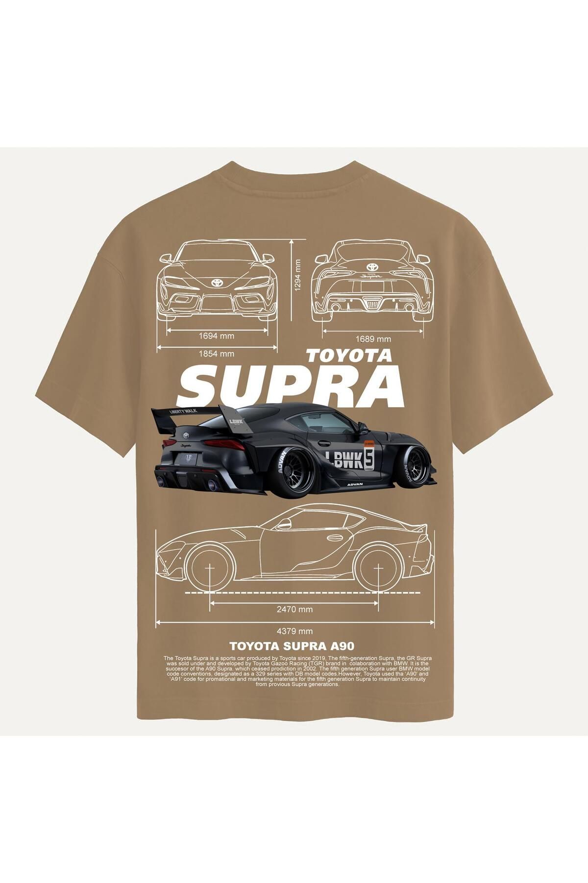 SOFTWAY Unisex Bisiklet Yaka %100 Organik Pamuklu Kalın Dokulu Toyota Supra A90 Baskılı Oversize T-shirt - A