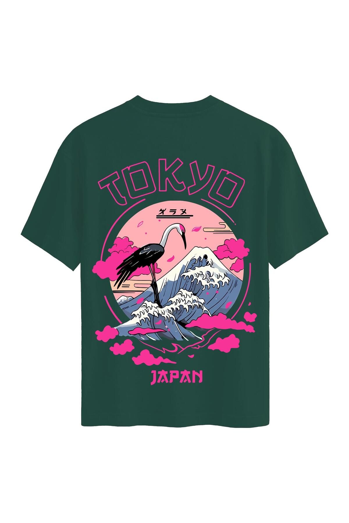 SOFTWAY Unisex Bisiklet Yaka %100 Organik Pamuklu Kalın Dokulu Tokyo Baskılı Oversize T-shirt - KOYU YEŞİL