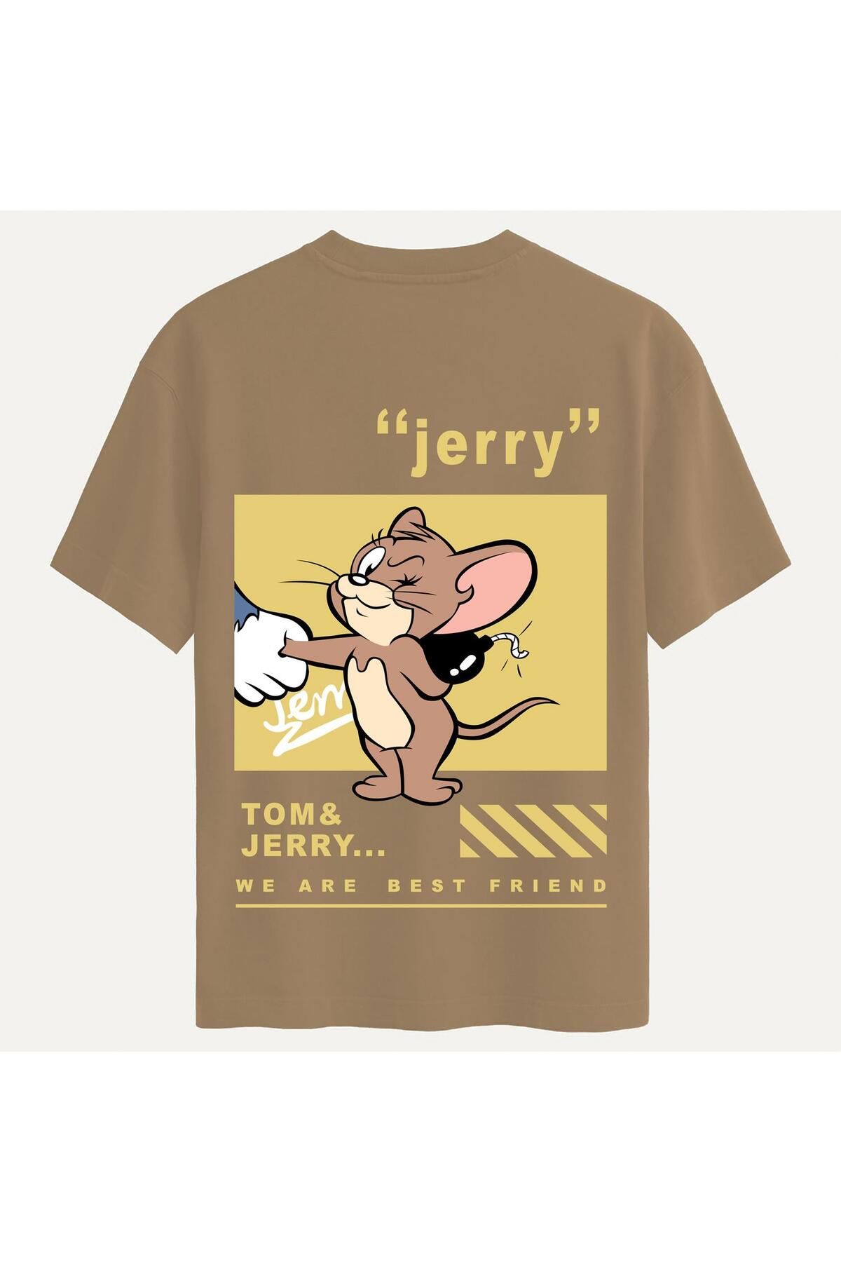 SOFTWAY Unisex Bisiklet Yaka %100 Organik Pamuklu Kalın Dokulu Jerry Baskılı Oversize T-shirt - AÇIK KAHVERE