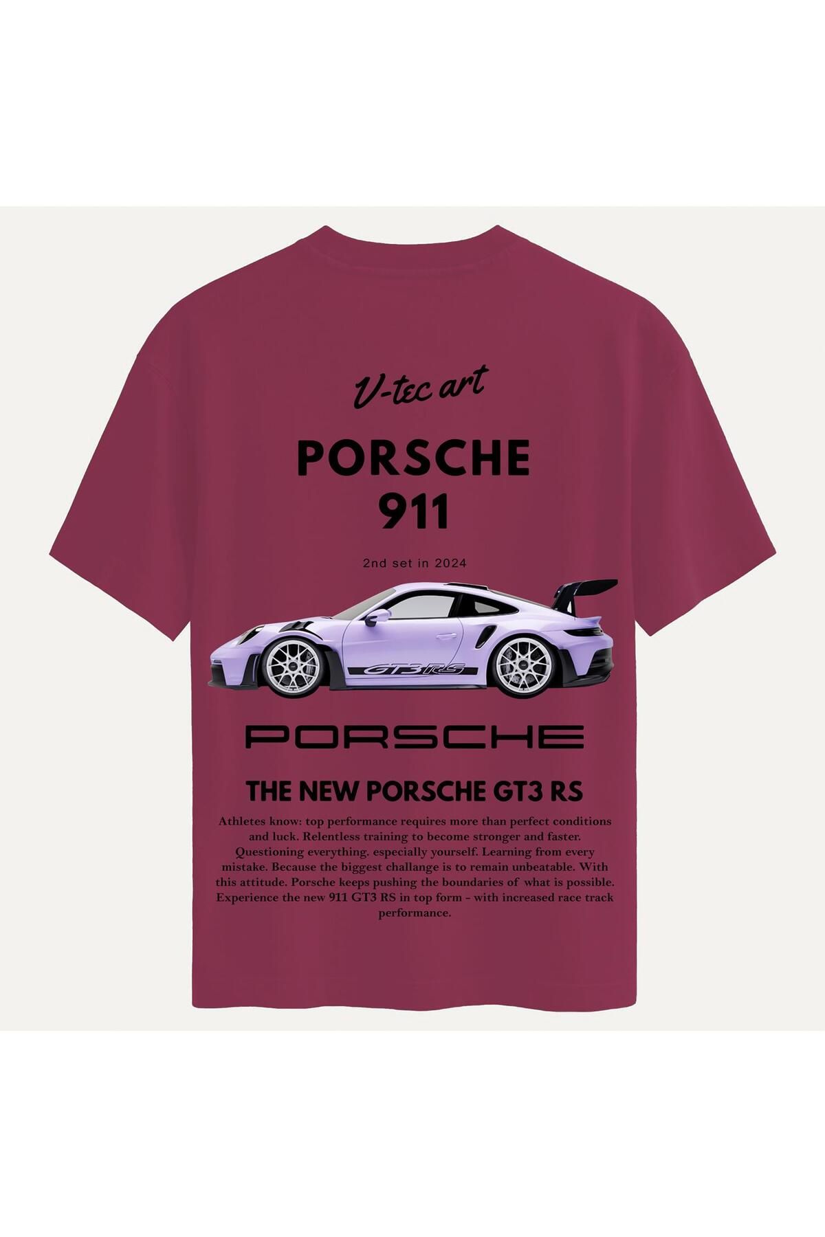 SOFTWAY Unisex Bisiklet Yaka %100 Organik Pamuklu Kalın Dokulu Porsche 911 Baskılı Oversize T-shirt - BORDO