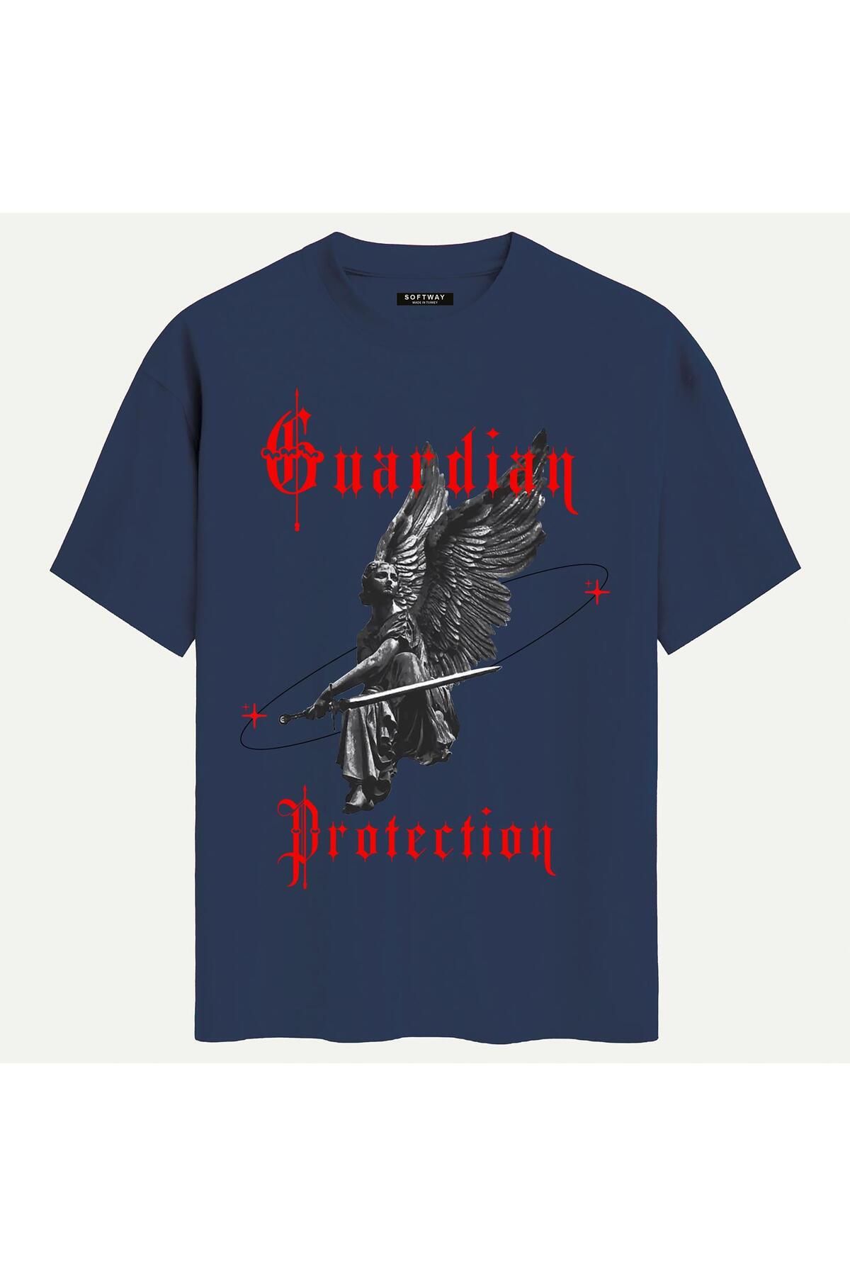 SOFTWAY Unisex Bisiklet Yaka %100 Organik Pamuklu Kalın Dokulu Guardian Protection Baskılı Oversize T-shirt