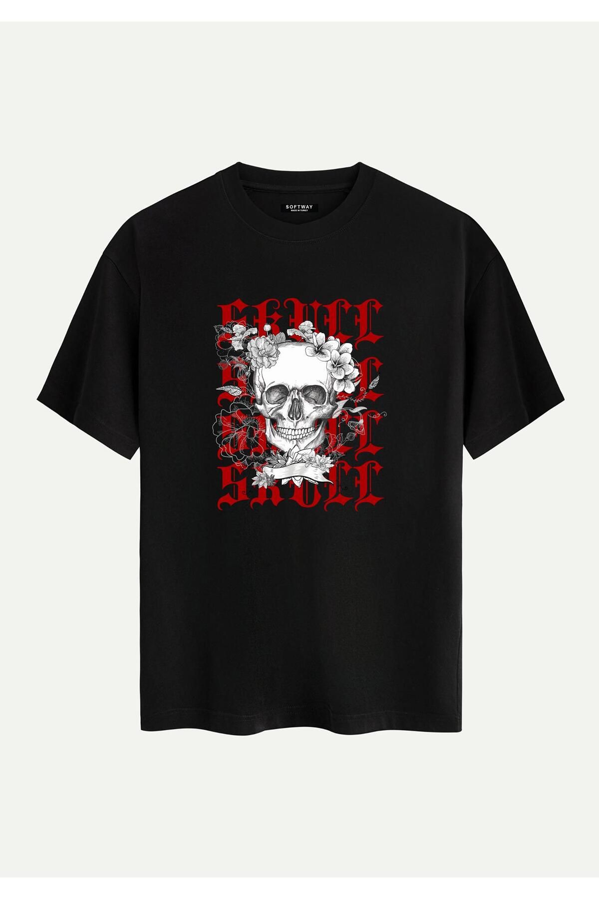 SOFTWAY Unisex Bisiklet Yaka %100 Organik Pamuklu Kalın Dokulu Skull Baskılı Oversize T-shirt - SİYAH