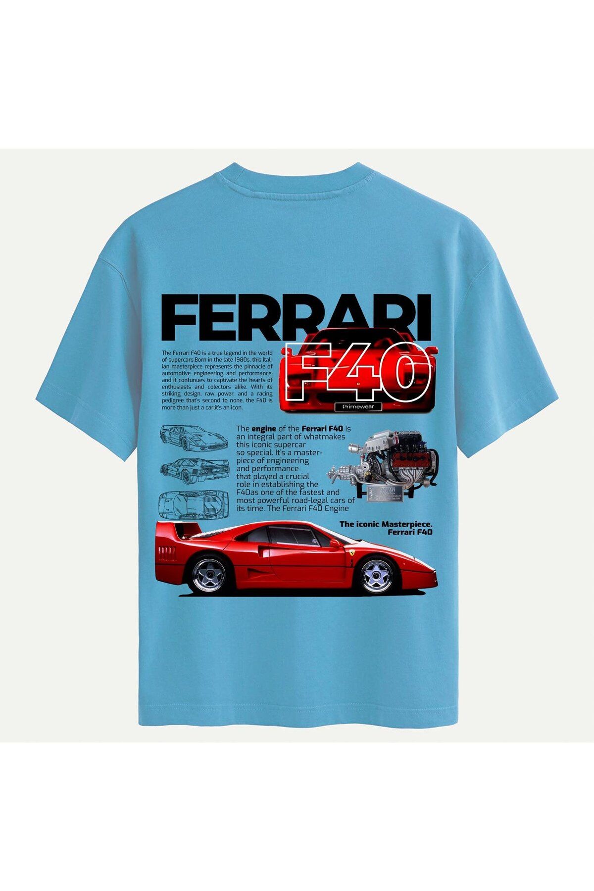 SOFTWAY Unisex Bisiklet Yaka %100 Organik Pamuklu Kalın Dokulu Ferrari F40 Baskılı Oversize T-shirt - MAVİ