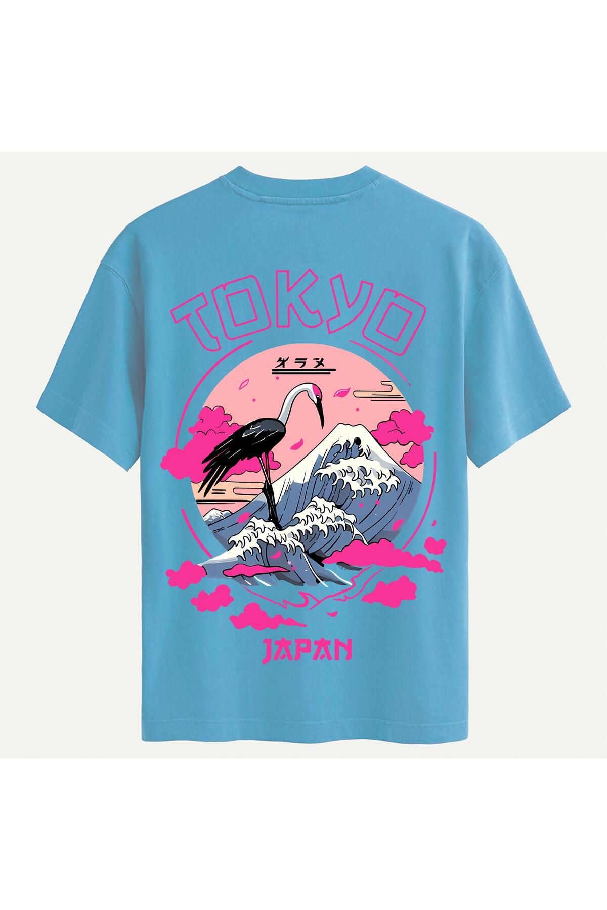 SOFTWAY Unisex Bisiklet Yaka %100 Organik Pamuklu Kalın Dokulu Tokyo Baskılı Oversize T-shirt - MAVİ