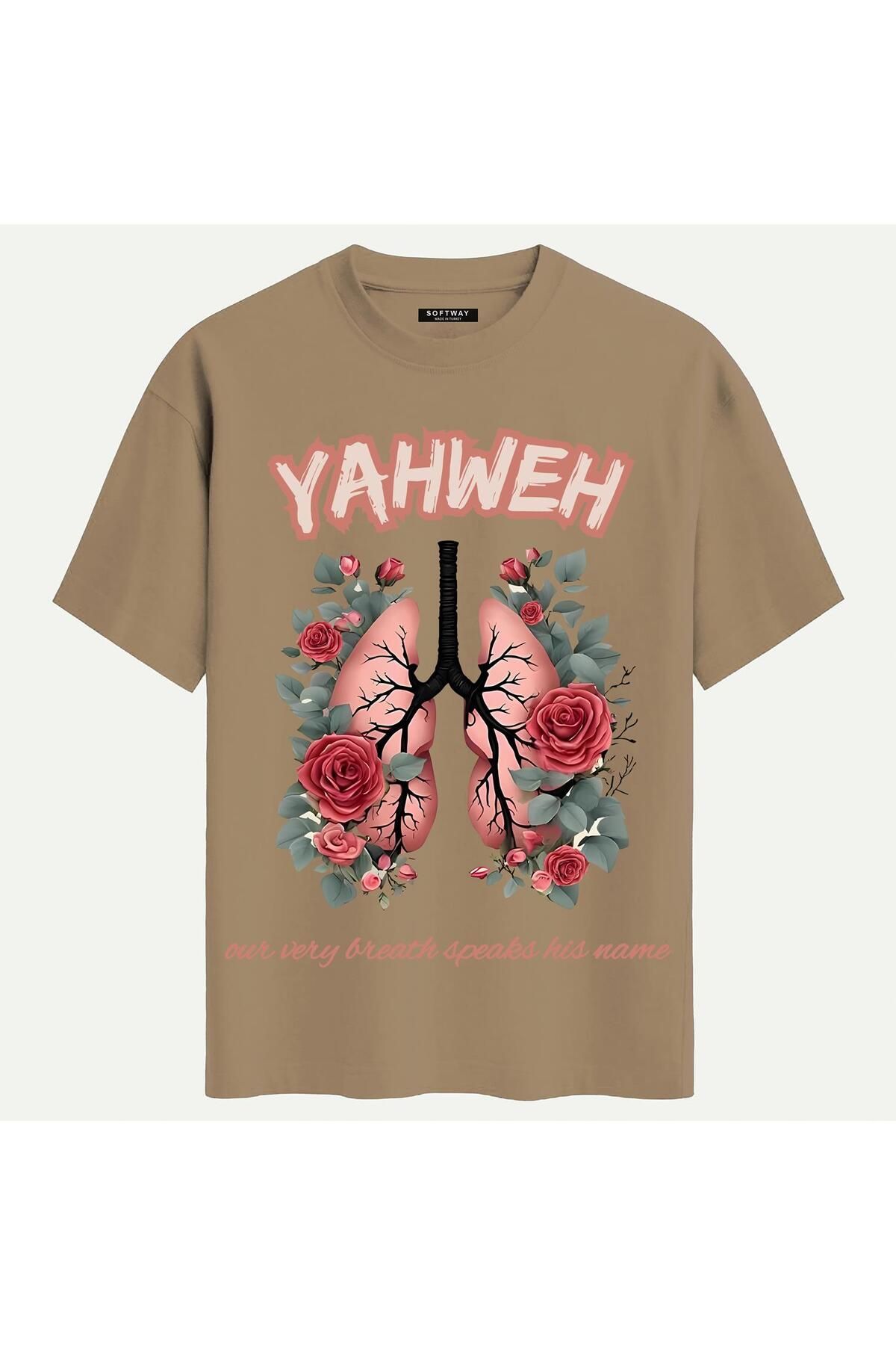 SOFTWAY Unisex Bisiklet Yaka %100 Organik Pamuklu Kalın Dokulu YAHWEH Baskılı Oversize T-shirt - AÇIK KAHVER