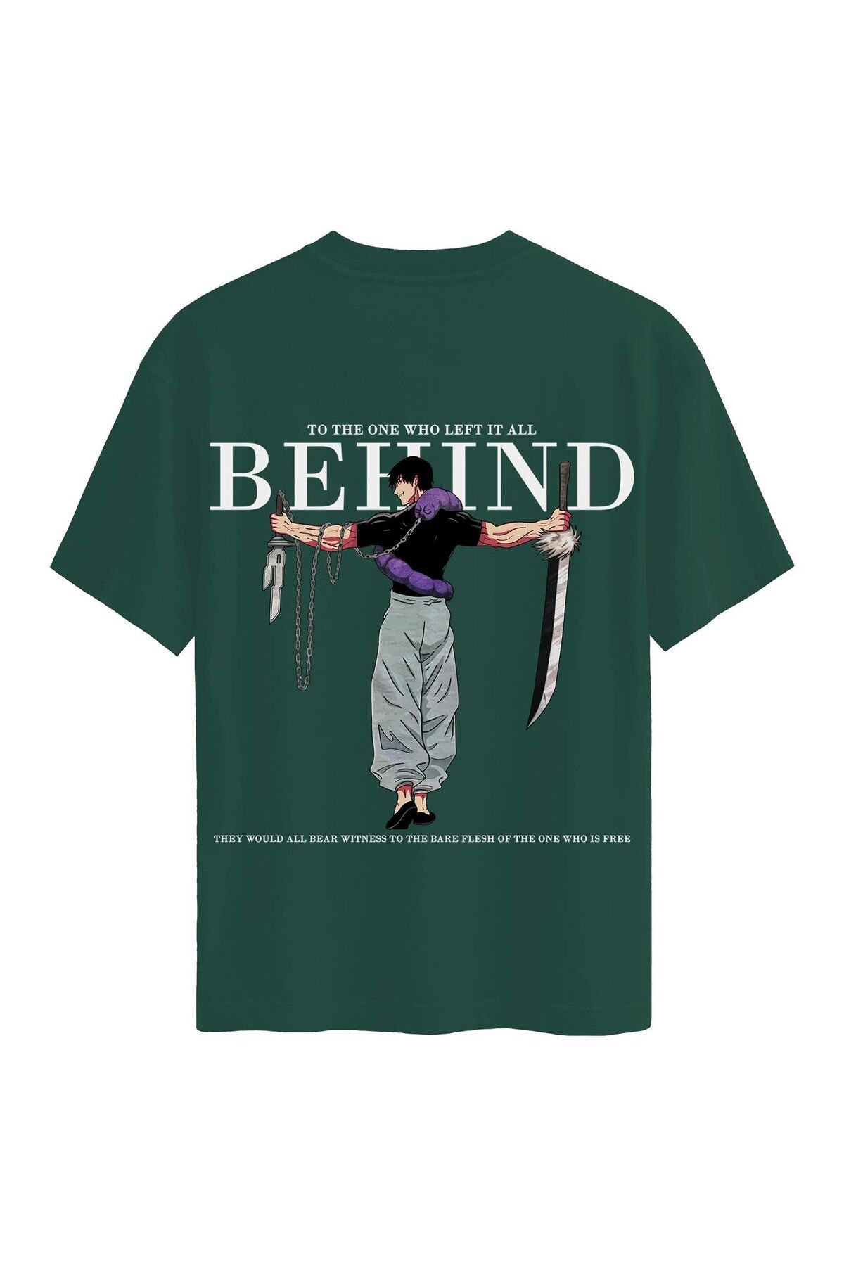 SOFTWAY Unisex Bisiklet Yaka %100 Organik Pamuklu Kalın Dokulu Behind Baskılı Oversize T-shirt - KOYU YEŞİL