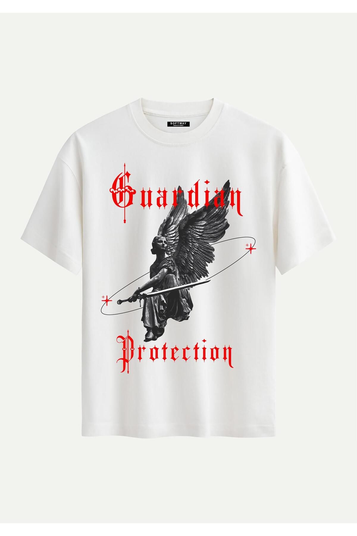 SOFTWAY Unisex Bisiklet Yaka %100 Organik Pamuklu Kalın Dokulu Guardian Protection Baskılı Oversize T-shirt