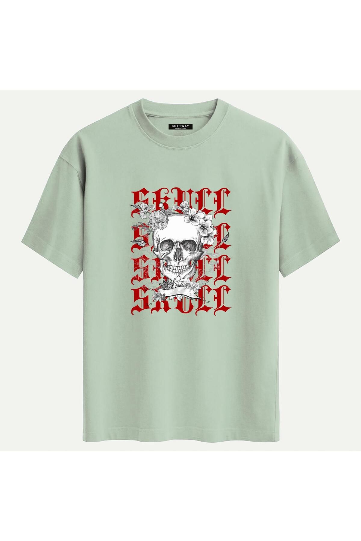 SOFTWAY Unisex Bisiklet Yaka %100 Organik Pamuklu Kalın Dokulu Skull Baskılı Oversize T-shirt - BEJ