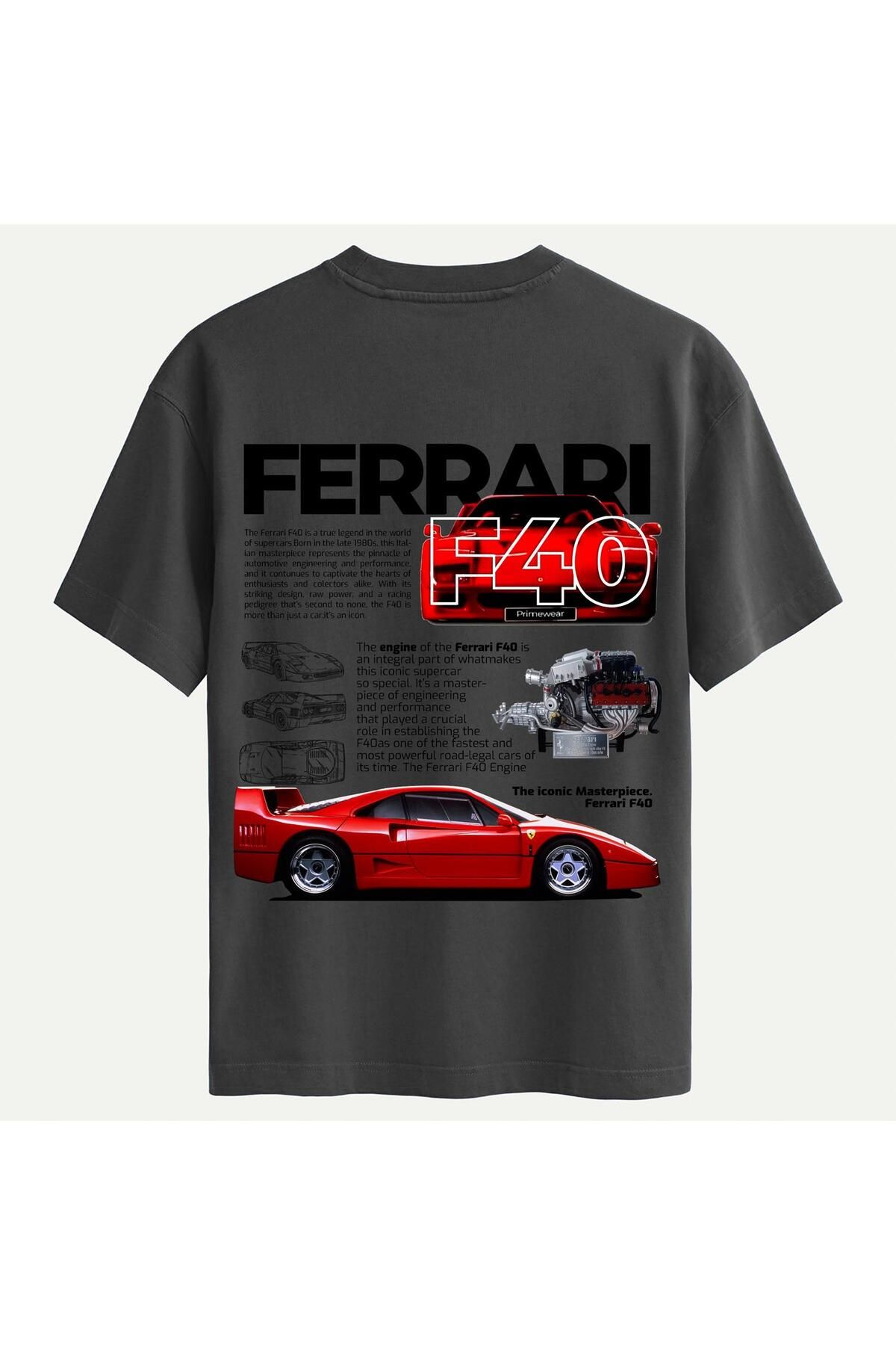 SOFTWAY Unisex Bisiklet Yaka %100 Organik Pamuklu Kalın Dokulu Ferrari F40 Baskılı Oversize T-shirt - FÜME