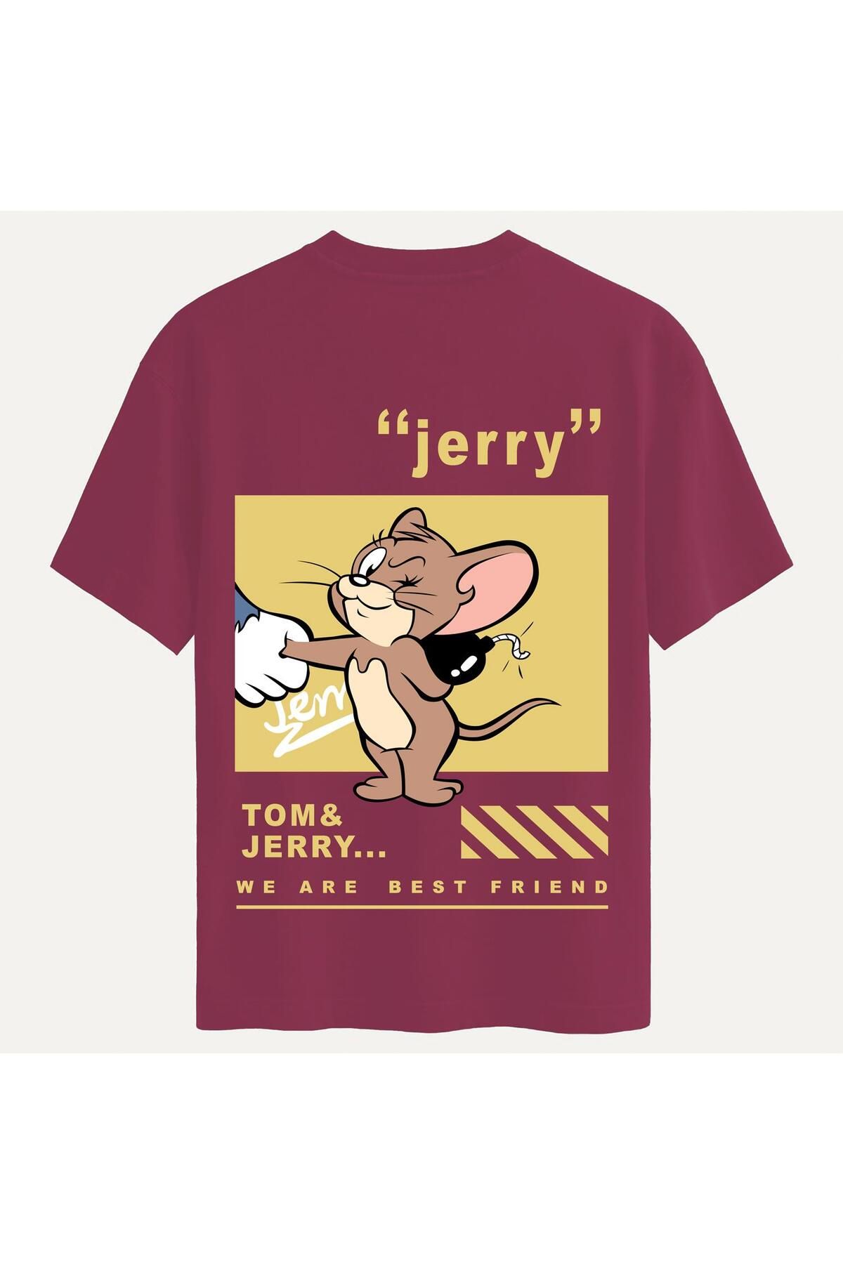 SOFTWAY Unisex Bisiklet Yaka %100 Organik Pamuklu Kalın Dokulu Jerry Baskılı Oversize T-shirt - BORDO