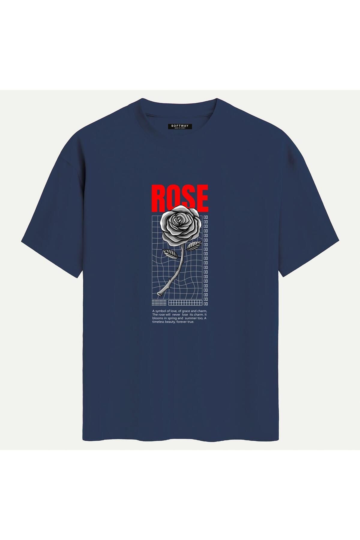 SOFTWAY Unisex Bisiklet Yaka %100 Organik Pamuklu Kalın Dokulu Rose Baskılı Oversize T-shirt - LACİVERT