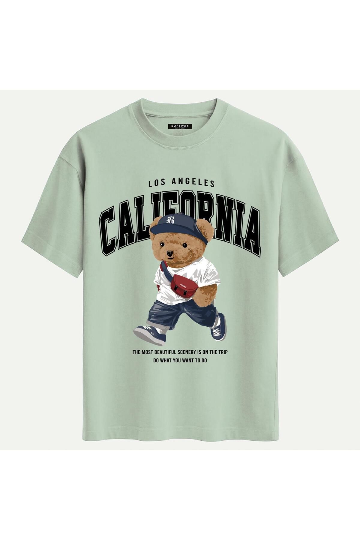 SOFTWAY Unisex Bisiklet Yaka %100 Organik Pamuklu Kalın Dokulu California Baskılı Oversize T-shirt - BEJ