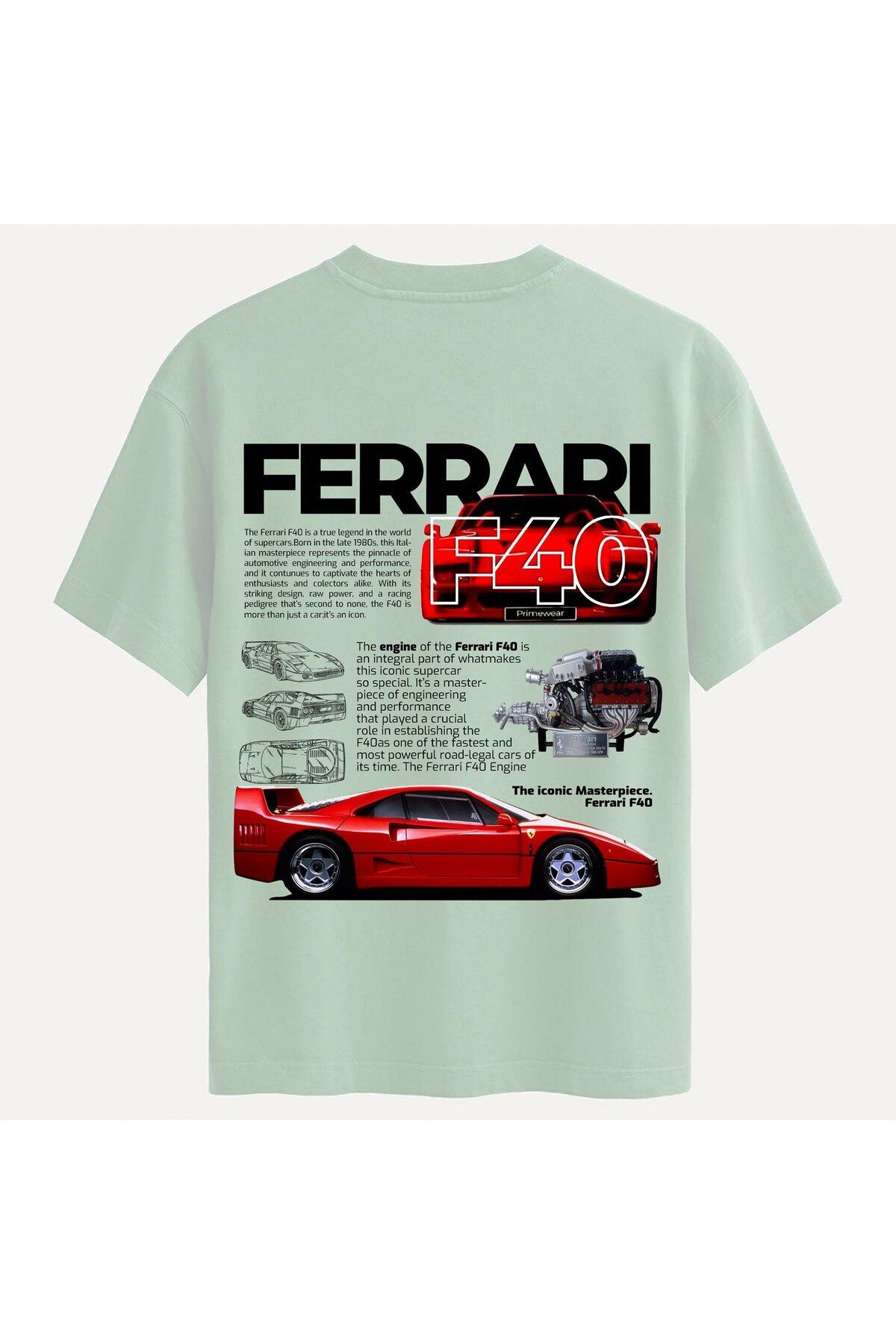 SOFTWAY Unisex Bisiklet Yaka %100 Organik Pamuklu Kalın Dokulu Ferrari F40 Baskılı Oversize T-shirt - BEJ
