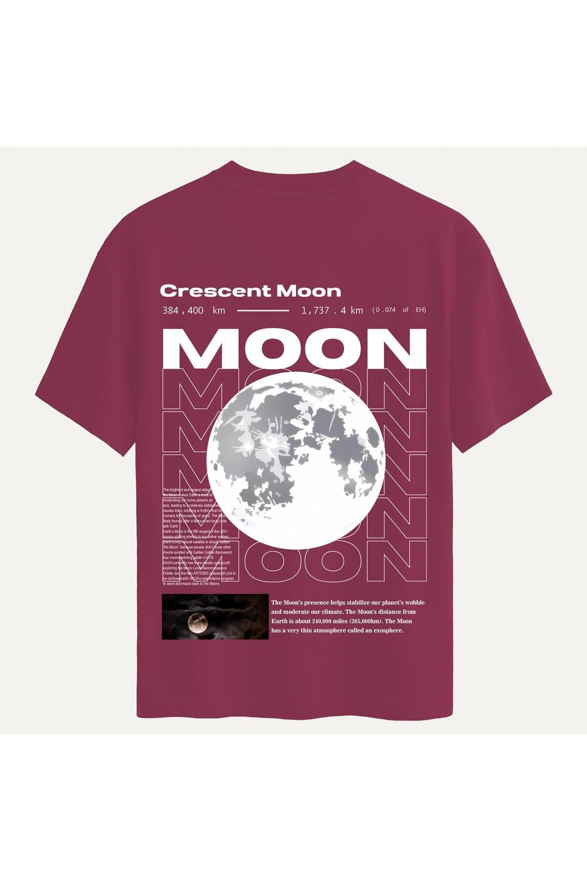 SOFTWAY Unisex Bisiklet Yaka %100 Organik Pamuklu Kalın Dokulu Moon Baskılı Oversize T-shirt - BORDO