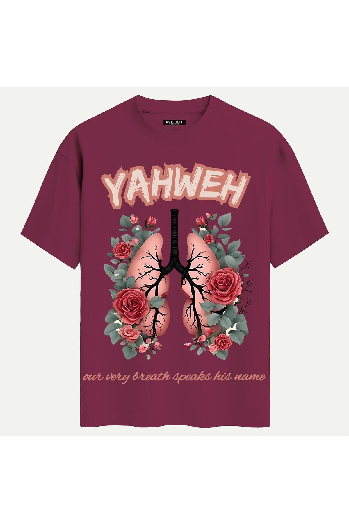 SOFTWAY Unisex Bisiklet Yaka %100 Organik Pamuklu Kalın Dokulu YAHWEH Baskılı Oversize T-shirt - BORDO